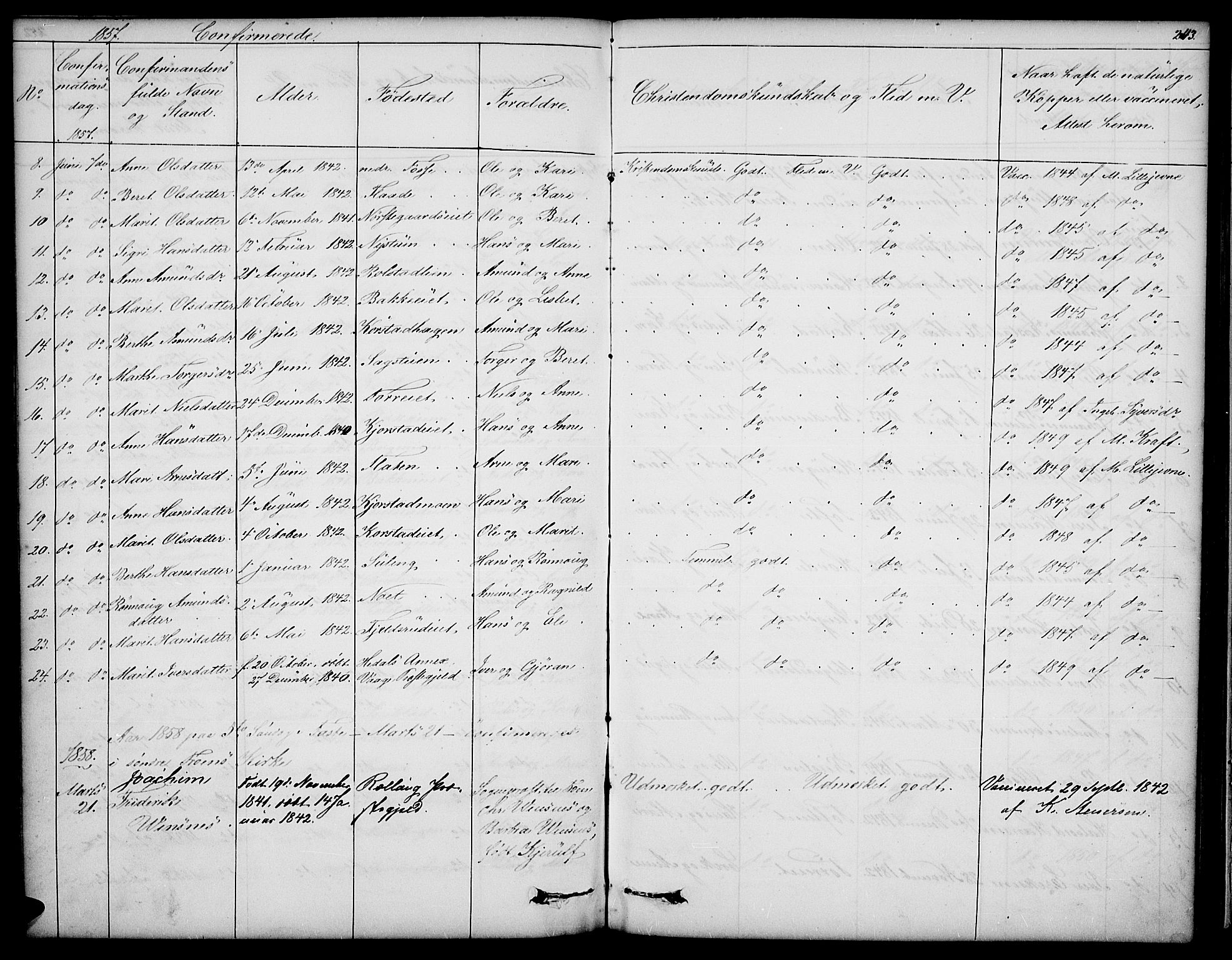 Sør-Fron prestekontor, AV/SAH-PREST-010/H/Ha/Hab/L0001: Parish register (copy) no. 1, 1844-1863, p. 243