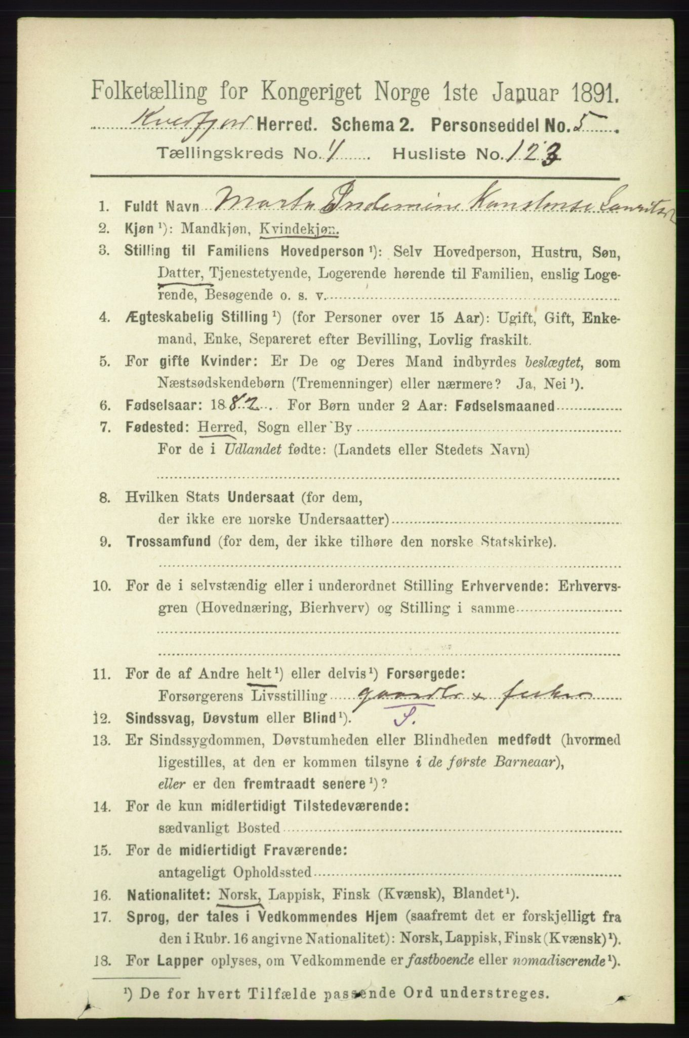 RA, 1891 census for 1911 Kvæfjord, 1891, p. 2673