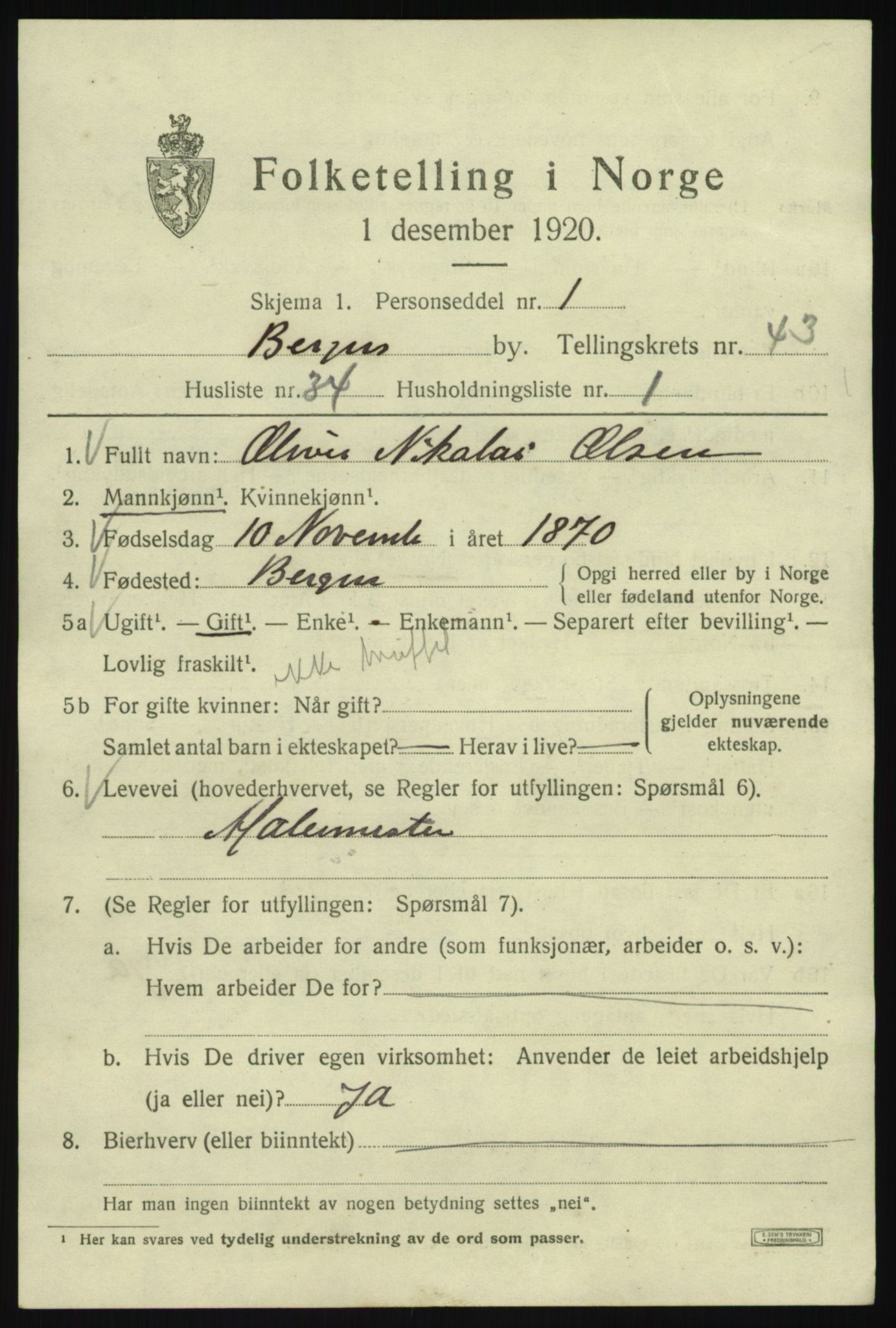 SAB, 1920 census for Bergen, 1920, p. 112346