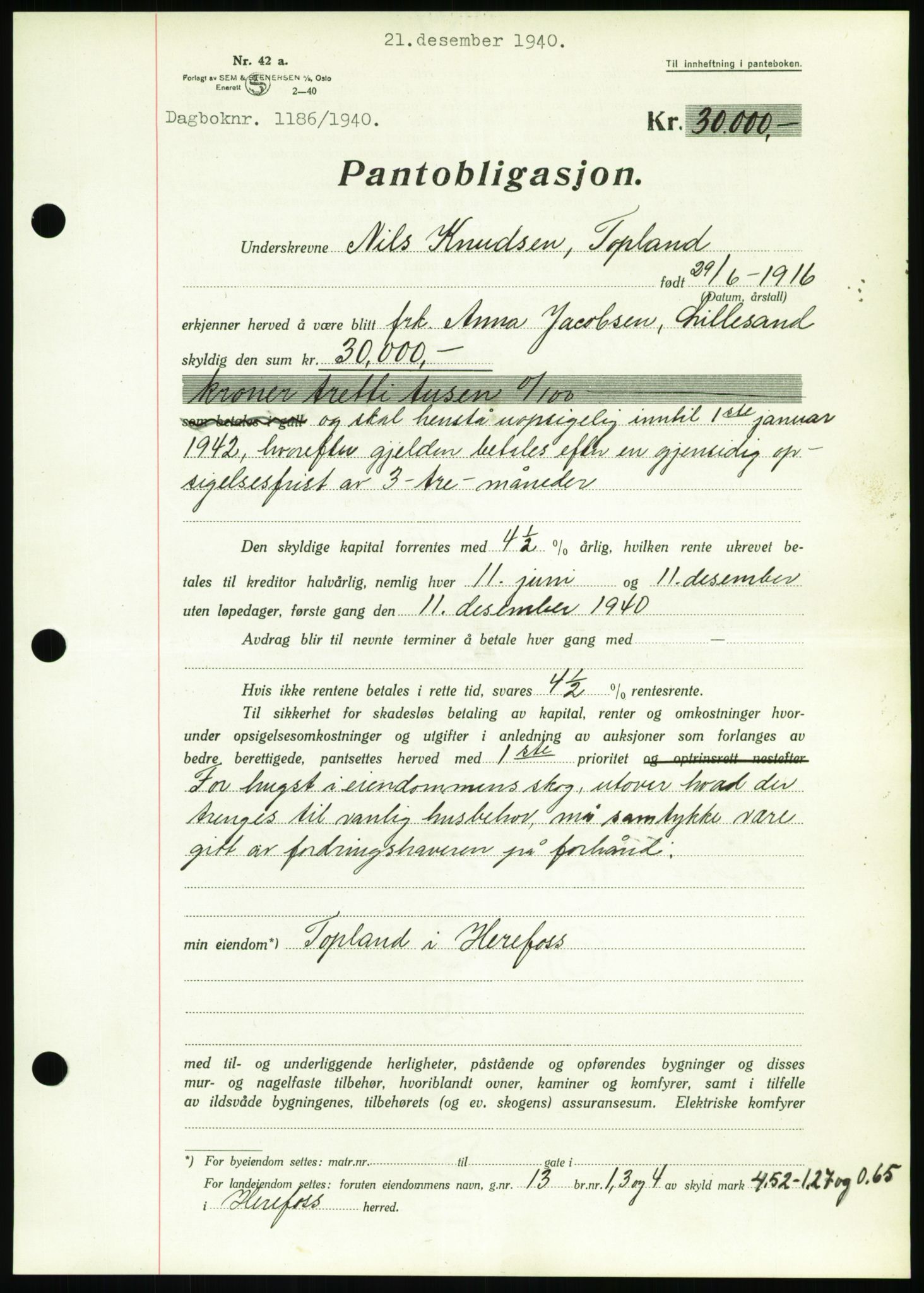 Nedenes sorenskriveri, SAK/1221-0006/G/Gb/Gbb/L0001: Mortgage book no. I, 1939-1942, Diary no: : 1186/1940