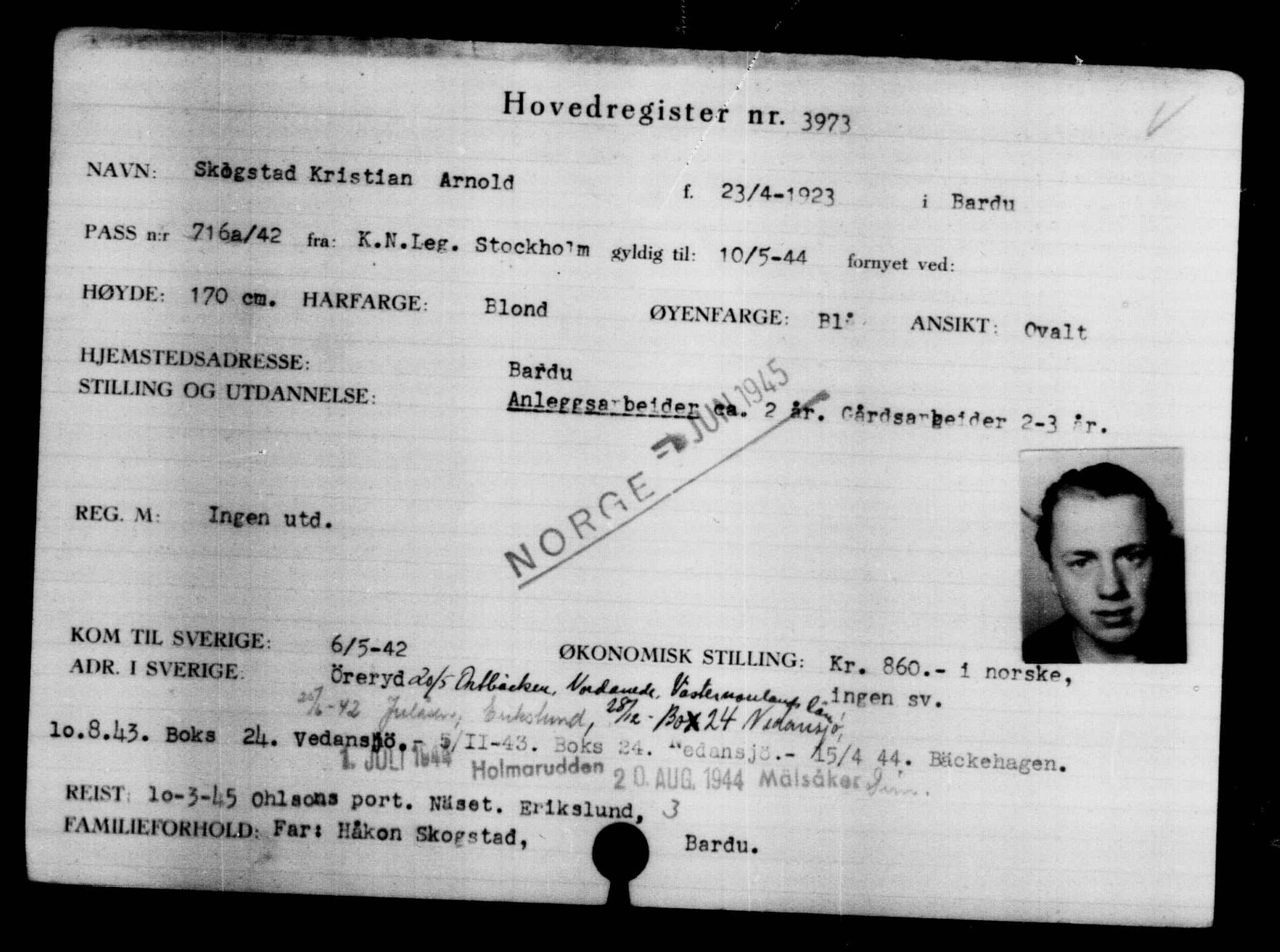 Utenriksstasjonene, Legasjonen i Stockholm, Flyktningkontoret, AV/RA-S-6753/V/Va/L0004: Kjesäterkartoteket, flyktninger med registreringsnr. 3496-6610, 1940-1945, p. 557