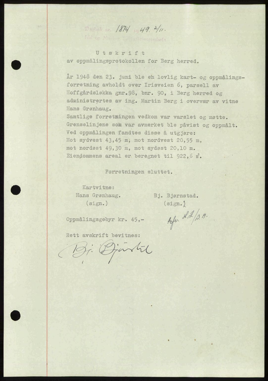 Idd og Marker sorenskriveri, AV/SAO-A-10283/G/Gb/Gbb/L0013: Mortgage book no. A13, 1949-1950, Diary no: : 1874/1949
