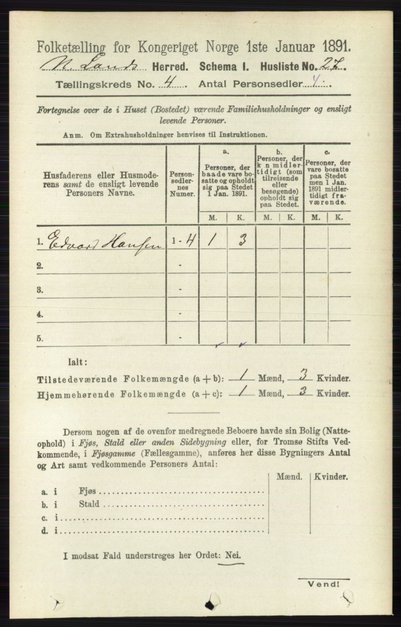 RA, 1891 census for 0538 Nordre Land, 1891, p. 1332