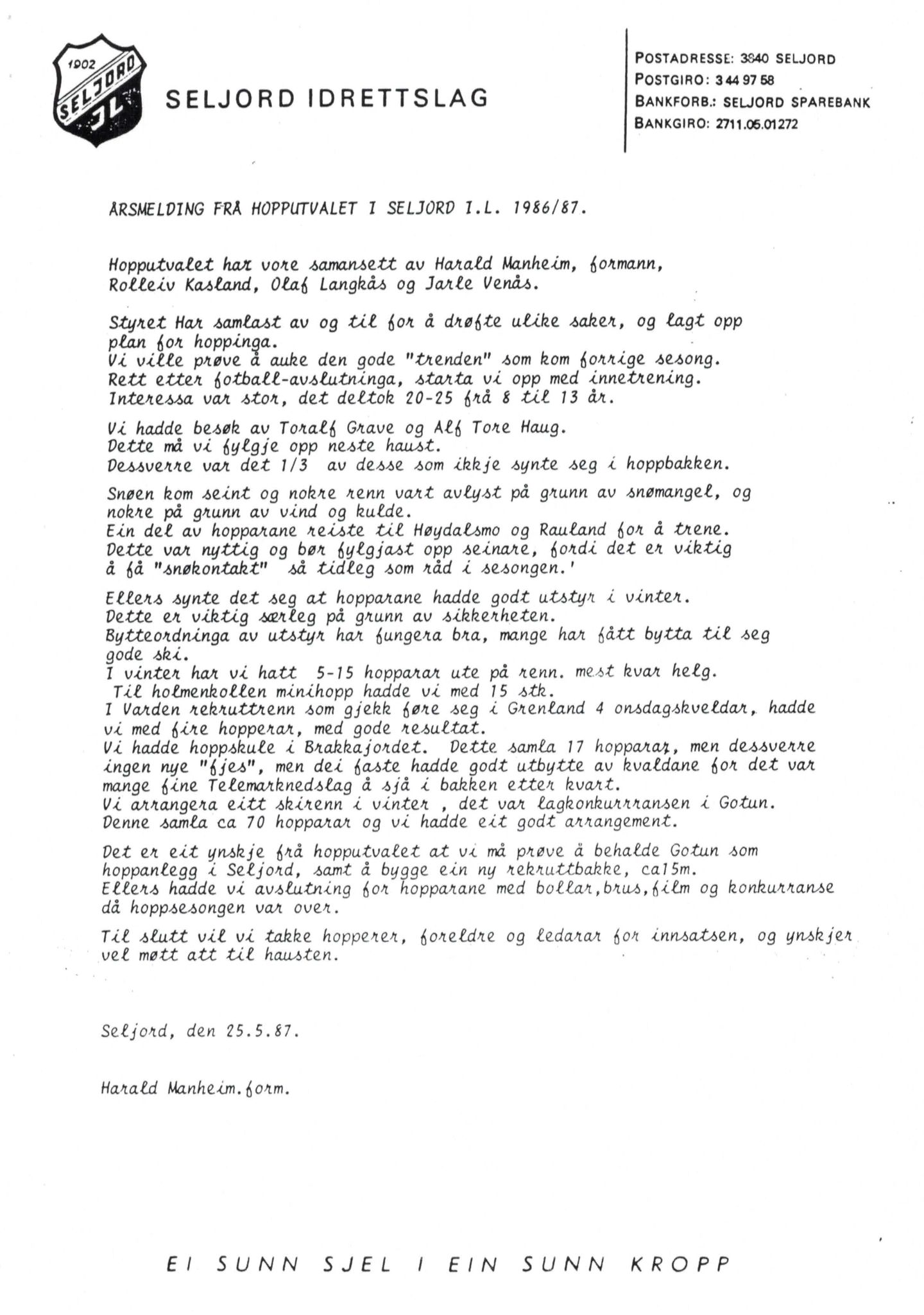 Seljord Idrettslag, VTM/A-1034/A/Ab/L0001: Årsmeldingar, 1987