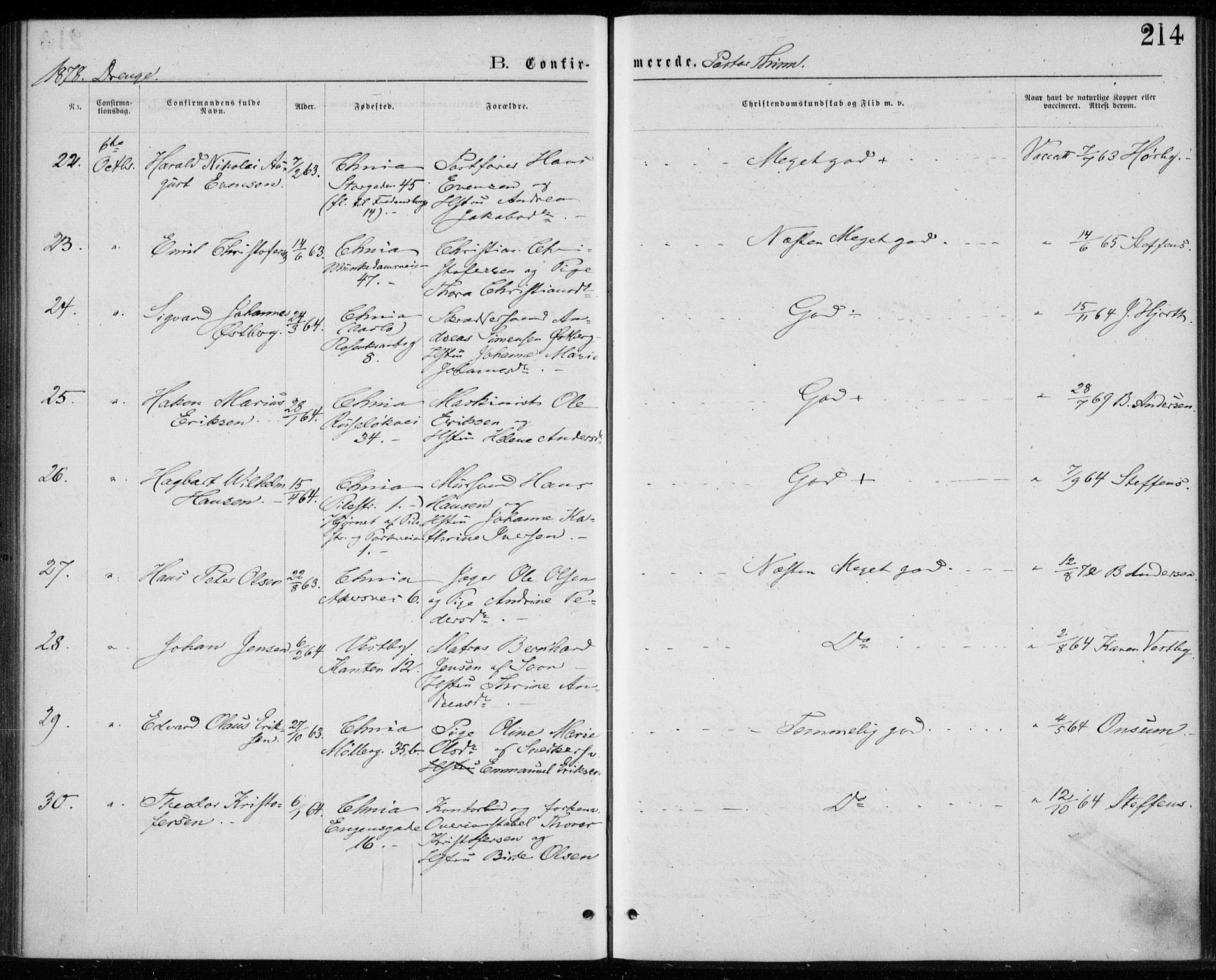 Trefoldighet prestekontor Kirkebøker, SAO/A-10882/F/Fb/L0002: Parish register (official) no. II 2, 1871-1880, p. 214