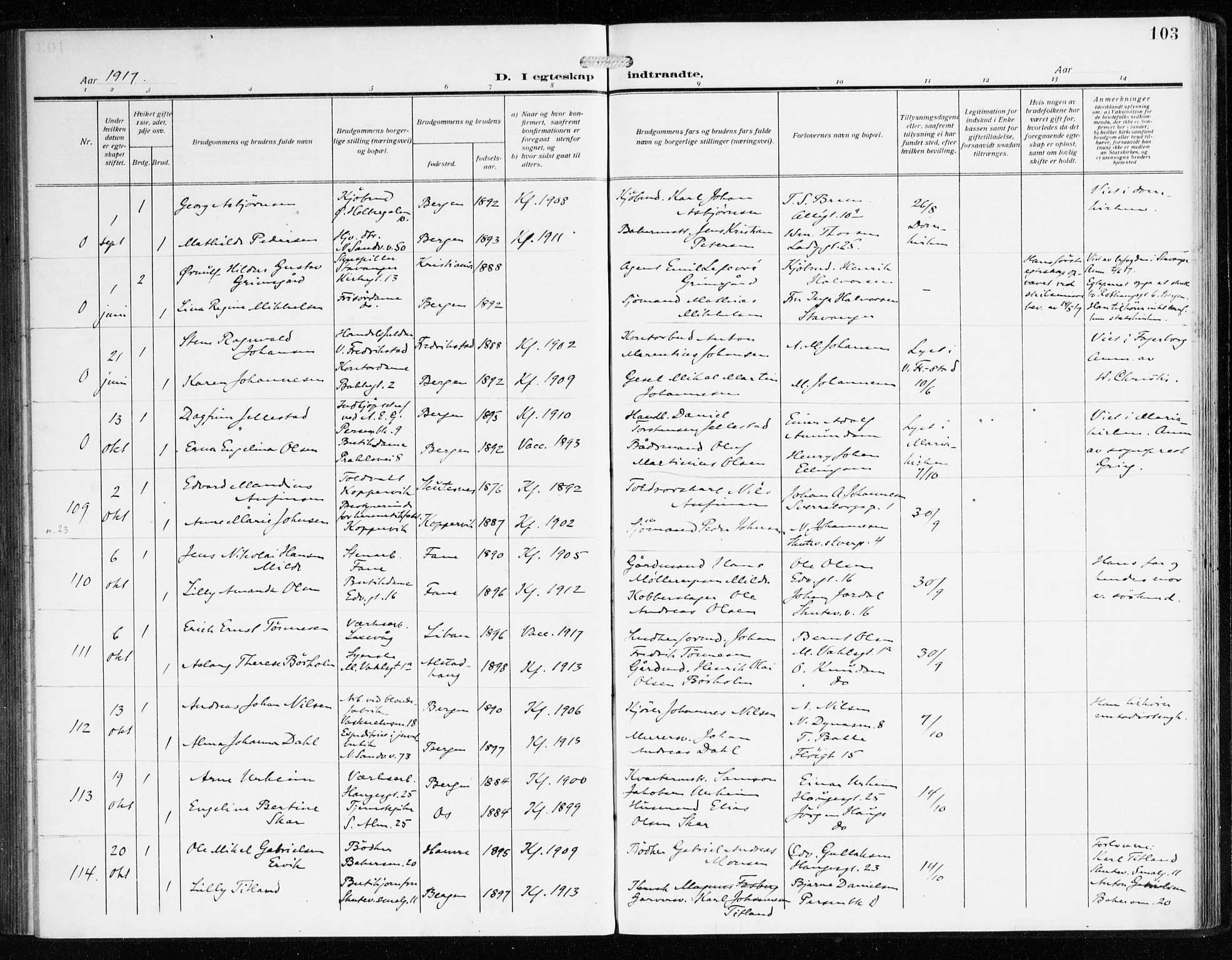 Sandviken Sokneprestembete, AV/SAB-A-77601/H/Ha/L0015: Parish register (official) no. D 2, 1911-1923, p. 103