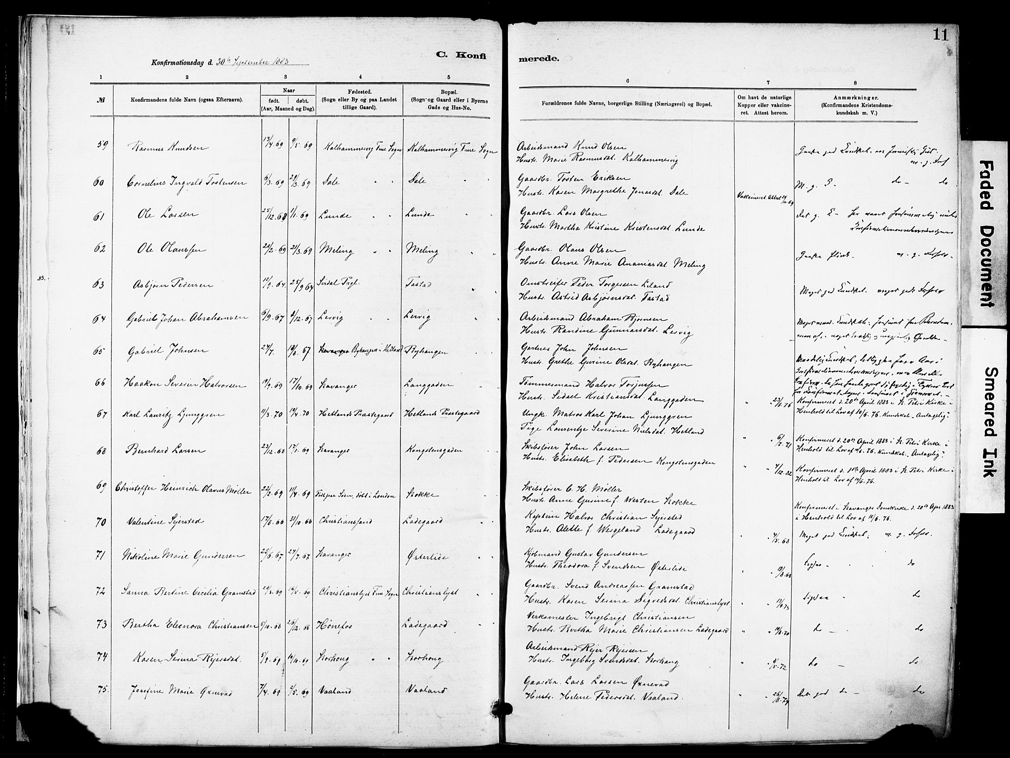 Hetland sokneprestkontor, AV/SAST-A-101826/30/30BA/L0012: Parish register (official) no. A 12, 1882-1912, p. 11