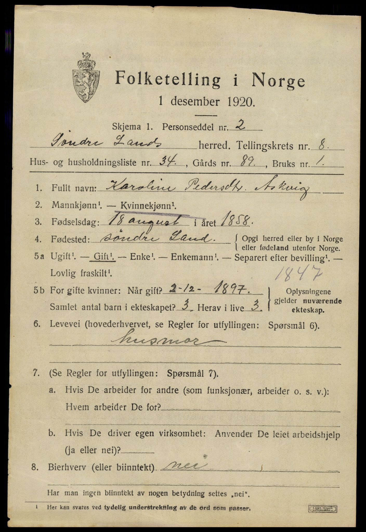 SAH, 1920 census for Søndre Land, 1920, p. 8031