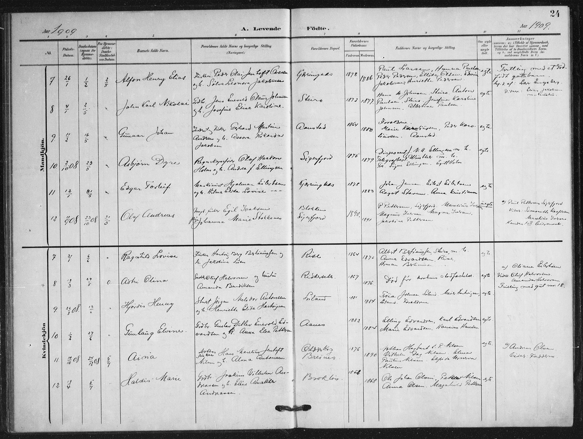 Ministerialprotokoller, klokkerbøker og fødselsregistre - Nordland, AV/SAT-A-1459/895/L1373: Parish register (official) no. 895A08, 1905-1915, p. 24