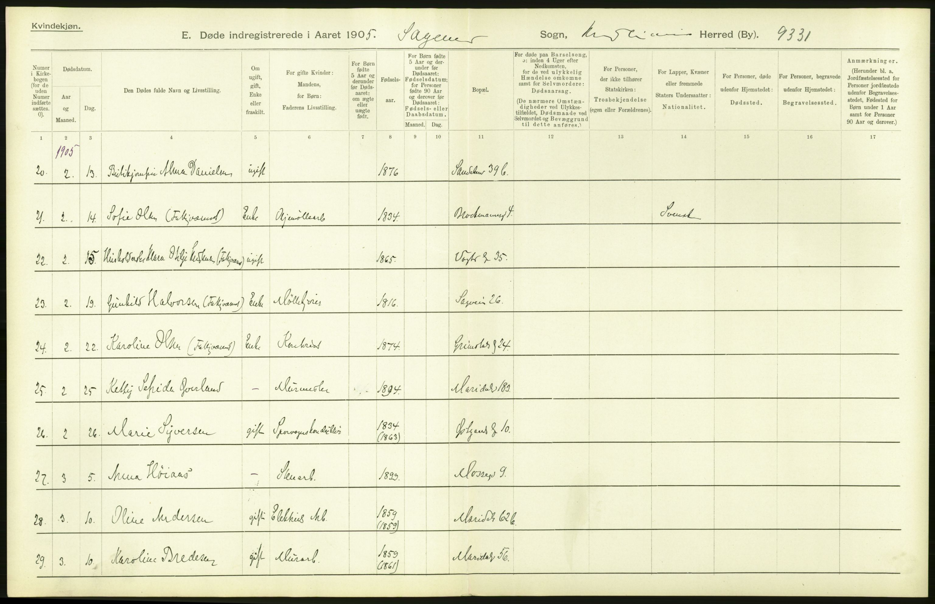 Statistisk sentralbyrå, Sosiodemografiske emner, Befolkning, AV/RA-S-2228/D/Df/Dfa/Dfac/L0007a: Kristiania: Døde, dødfødte., 1905, p. 34