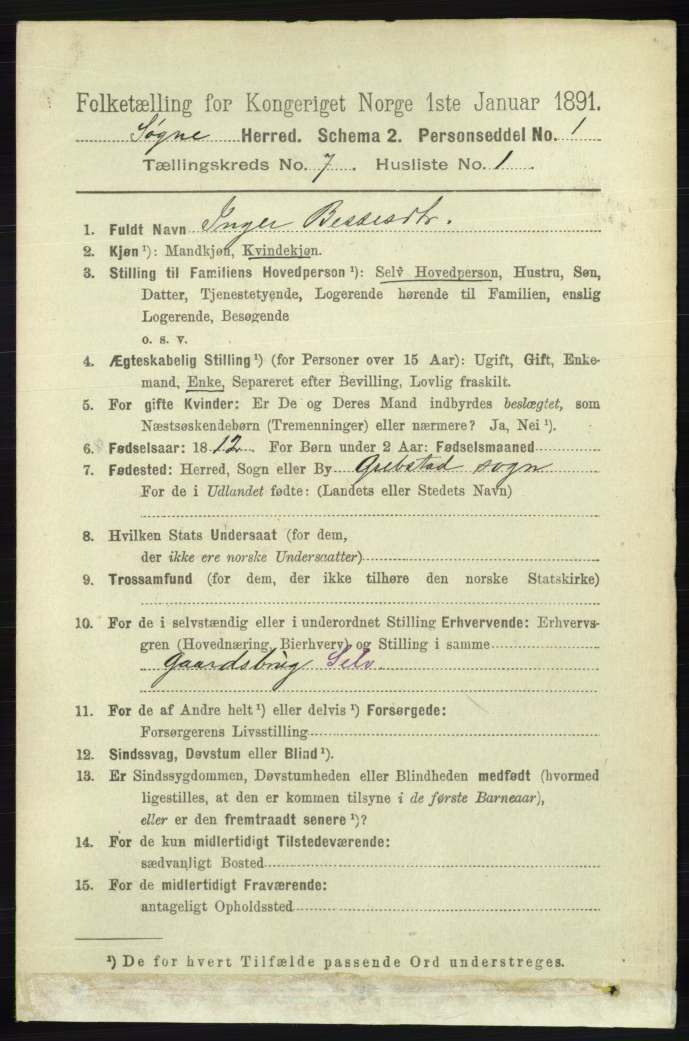 RA, 1891 census for 1018 Søgne, 1891, p. 1541