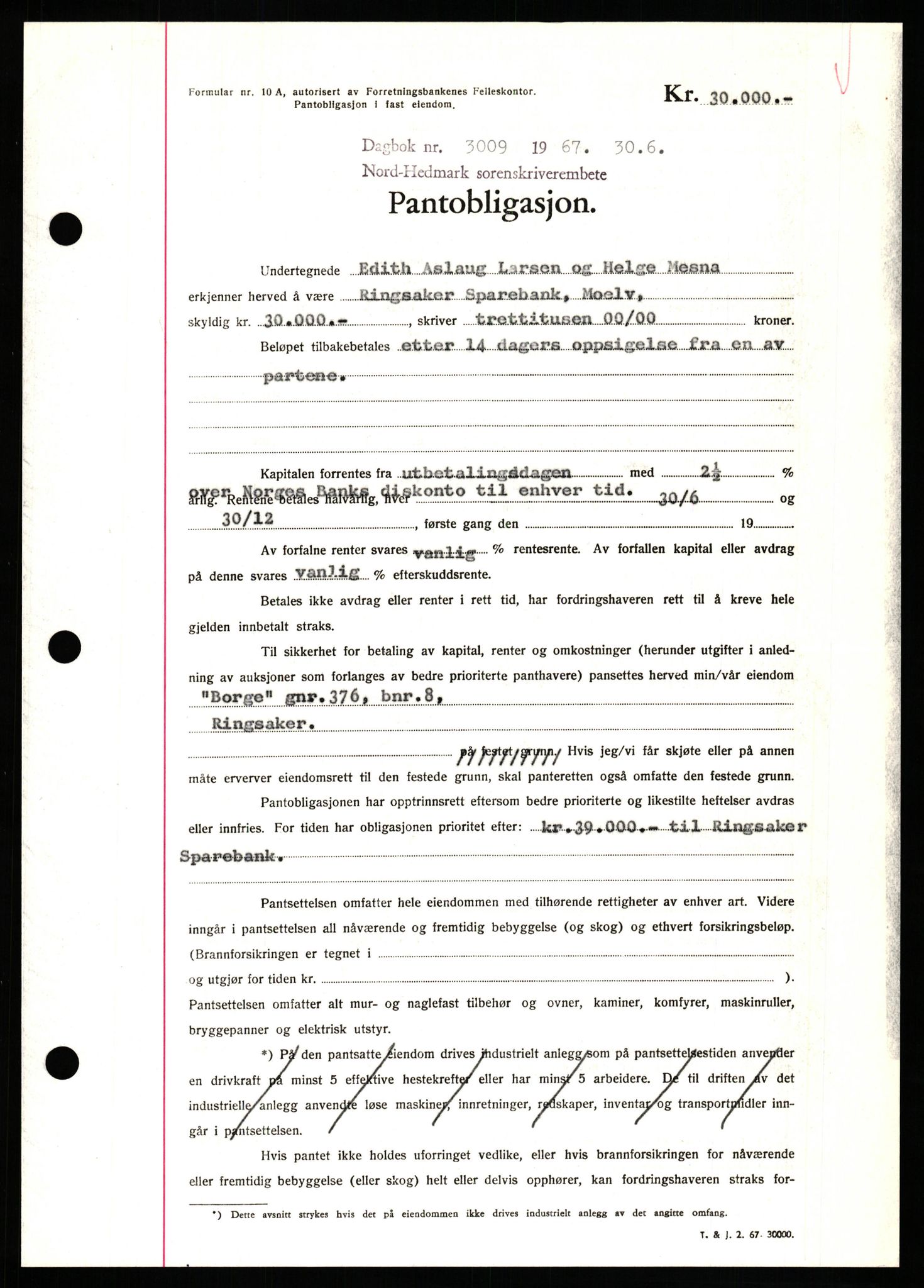 Nord-Hedmark sorenskriveri, SAH/TING-012/H/Hb/Hbf/L0071: Mortgage book no. B71, 1967-1967, Diary no: : 3009/1967