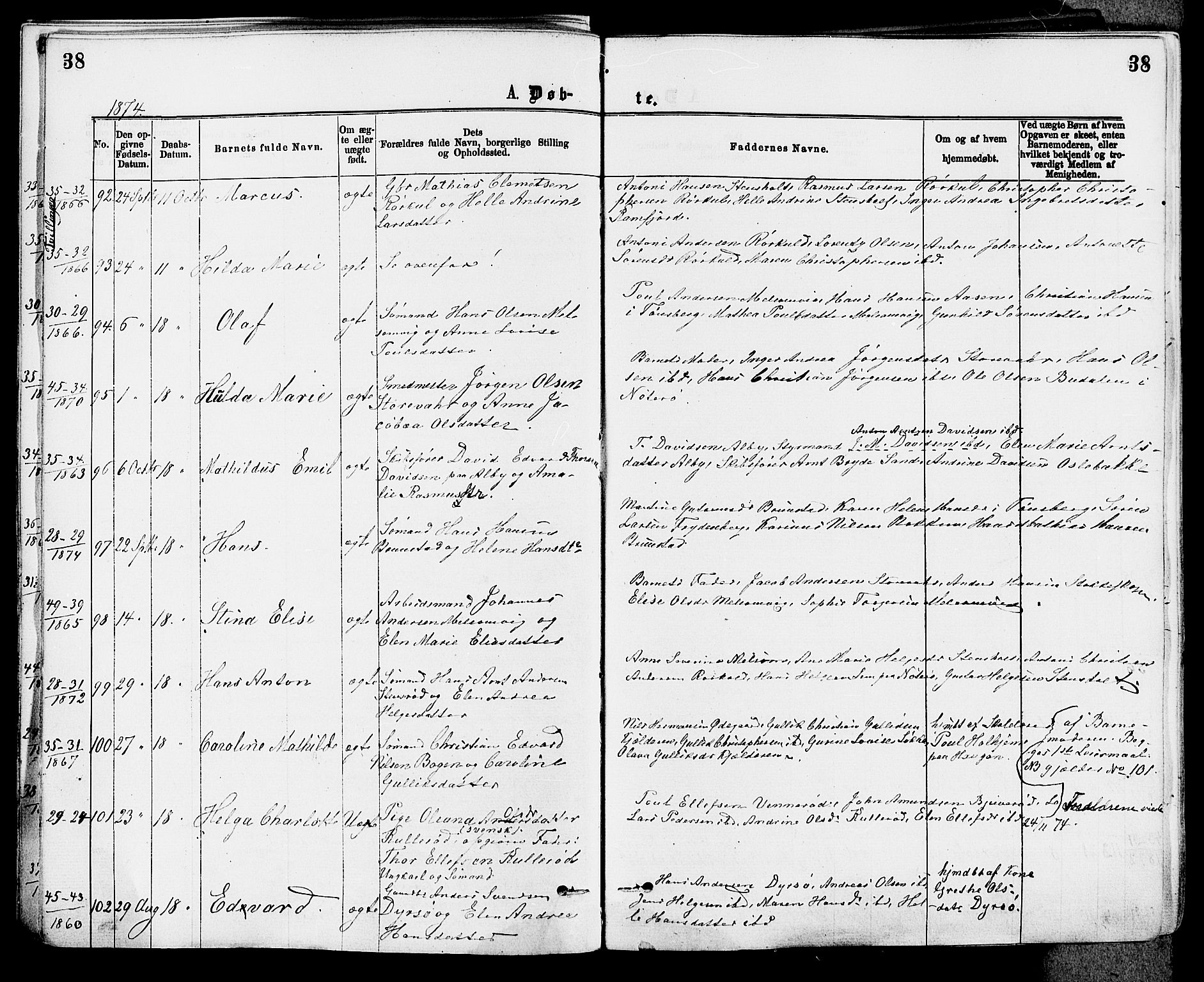 Stokke kirkebøker, AV/SAKO-A-320/F/Fa/L0009: Parish register (official) no. I 9, 1872-1883, p. 38