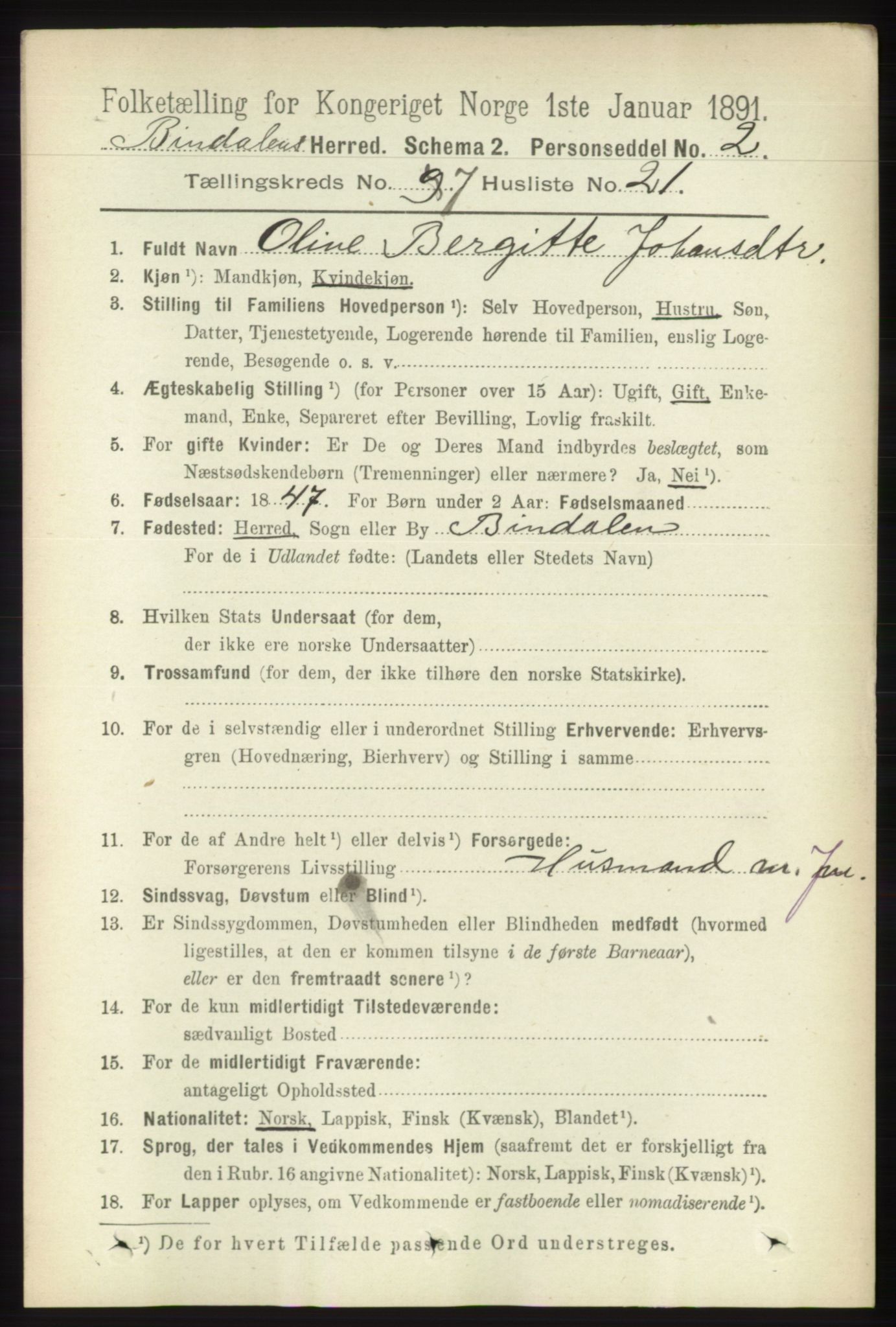 RA, 1891 census for 1811 Bindal, 1891, p. 2383