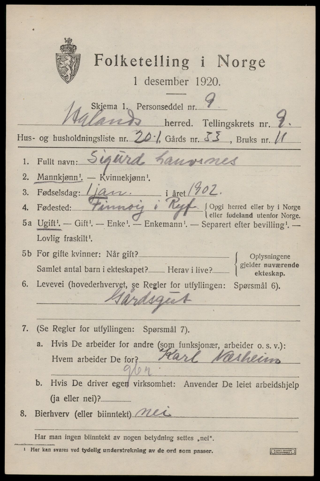 SAST, 1920 census for Håland, 1920, p. 7203