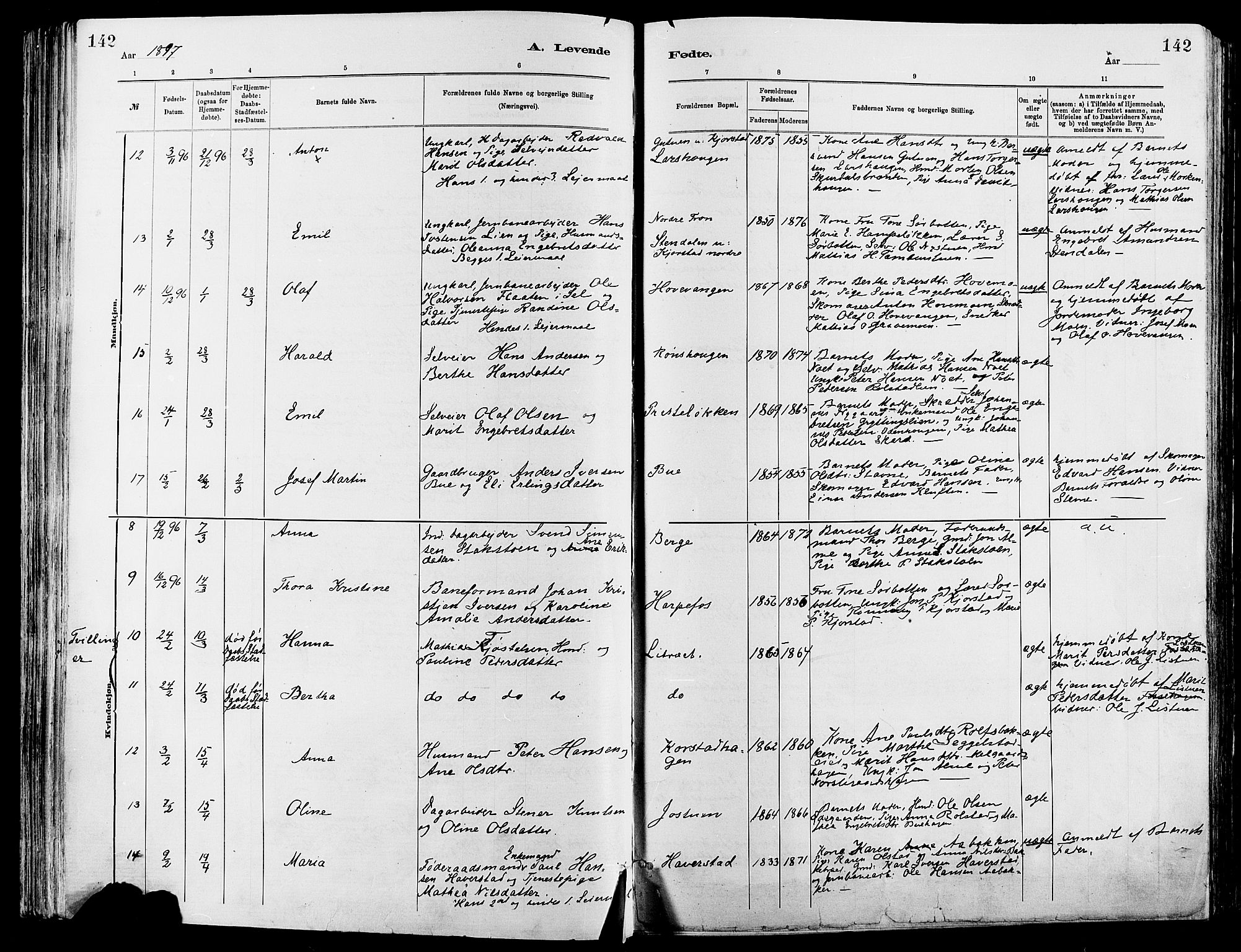 Sør-Fron prestekontor, AV/SAH-PREST-010/H/Ha/Haa/L0003: Parish register (official) no. 3, 1881-1897, p. 142