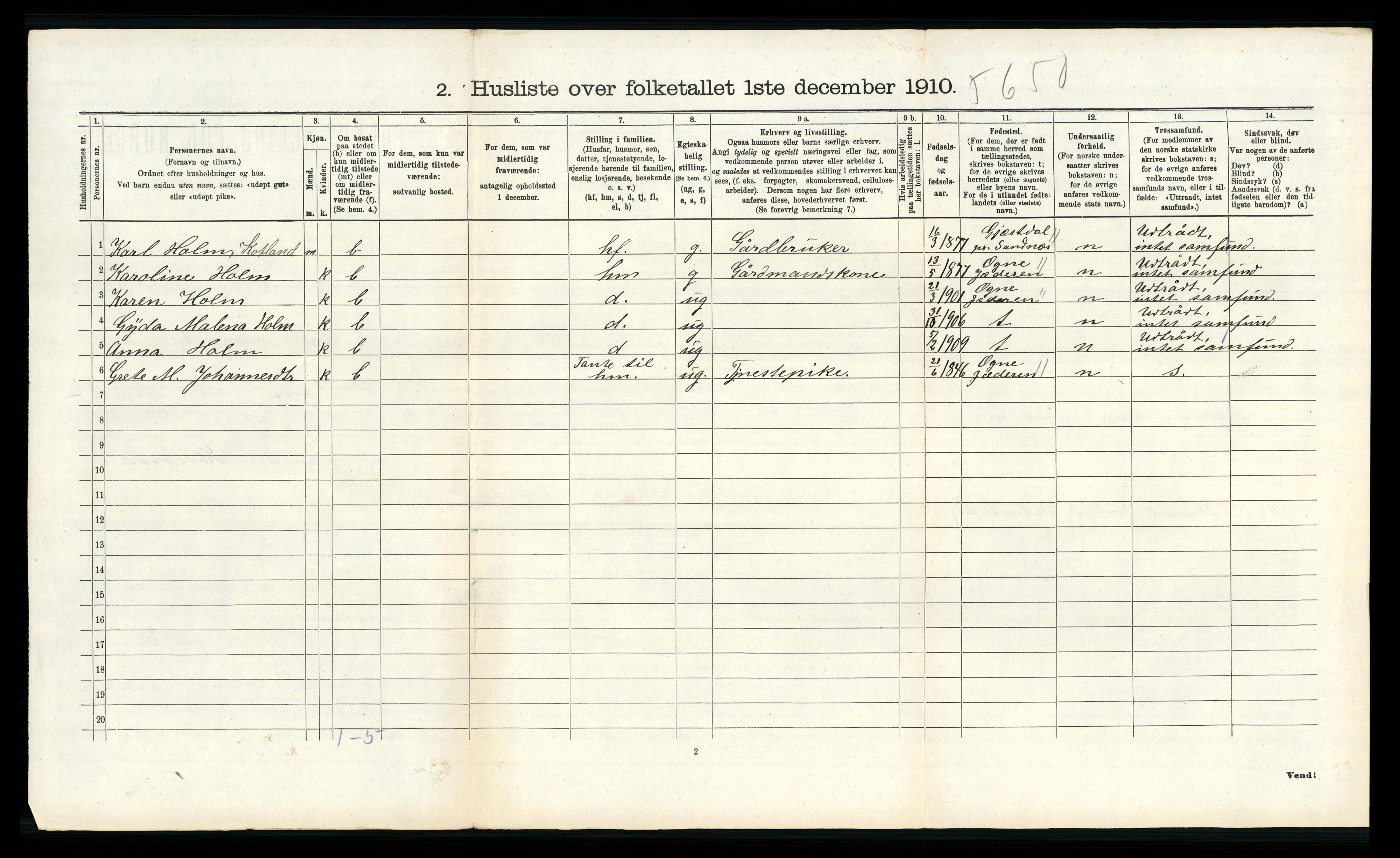 RA, 1910 census for Vanse, 1910, p. 2582