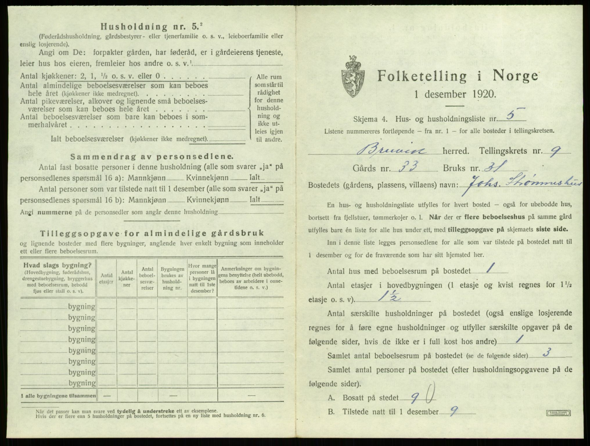 SAB, 1920 census for Bruvik, 1920, p. 609