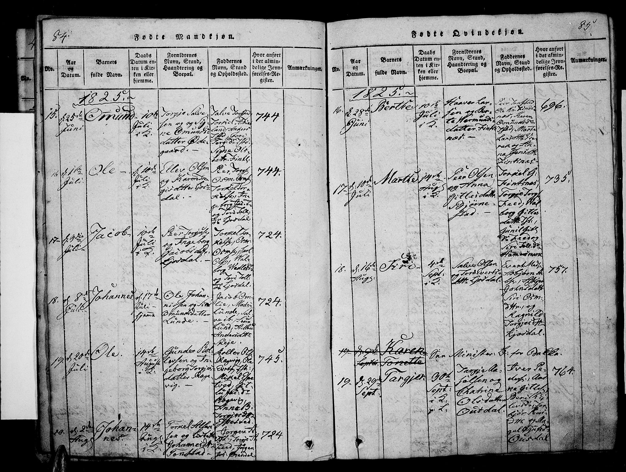 Sirdal sokneprestkontor, SAK/1111-0036/F/Fa/Fab/L0001: Parish register (official) no. A 1, 1815-1834, p. 84-85