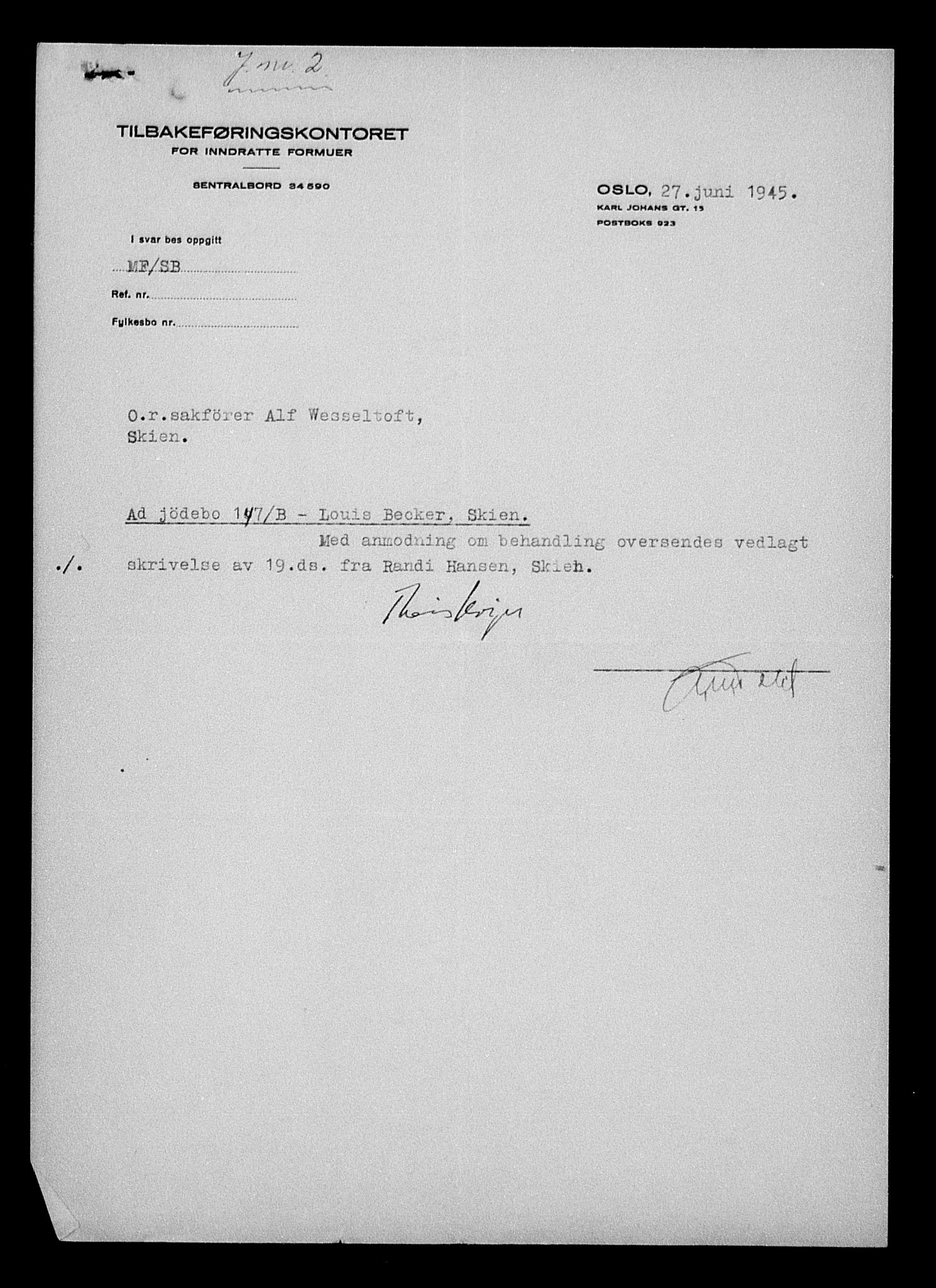 Justisdepartementet, Tilbakeføringskontoret for inndratte formuer, AV/RA-S-1564/H/Hc/Hcd/L0990: --, 1945-1947, p. 494