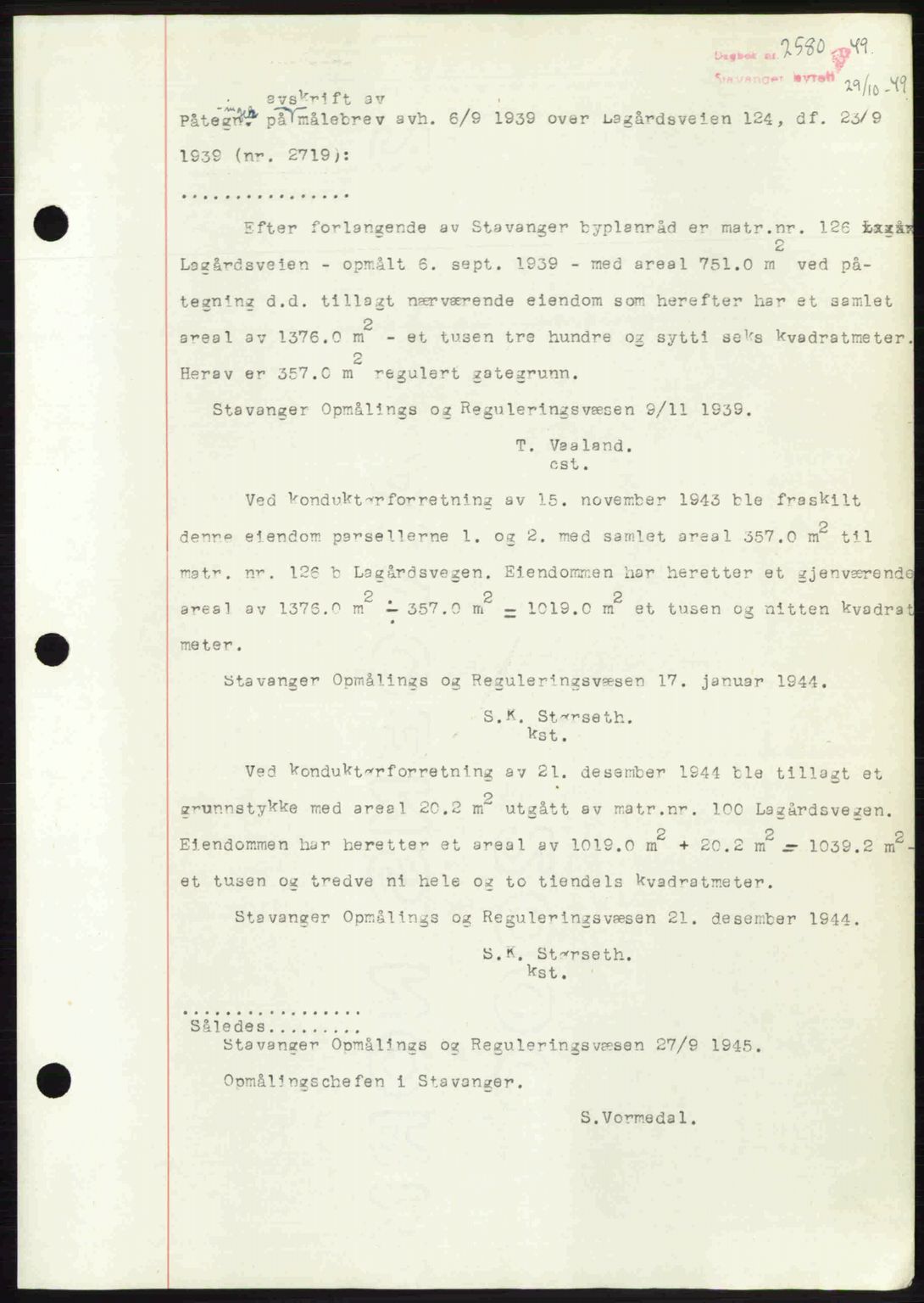 Stavanger byrett, SAST/A-100455/002/G/Gb/L0023: Mortgage book no. A12, 1948-1949, Diary no: : 2580/1949