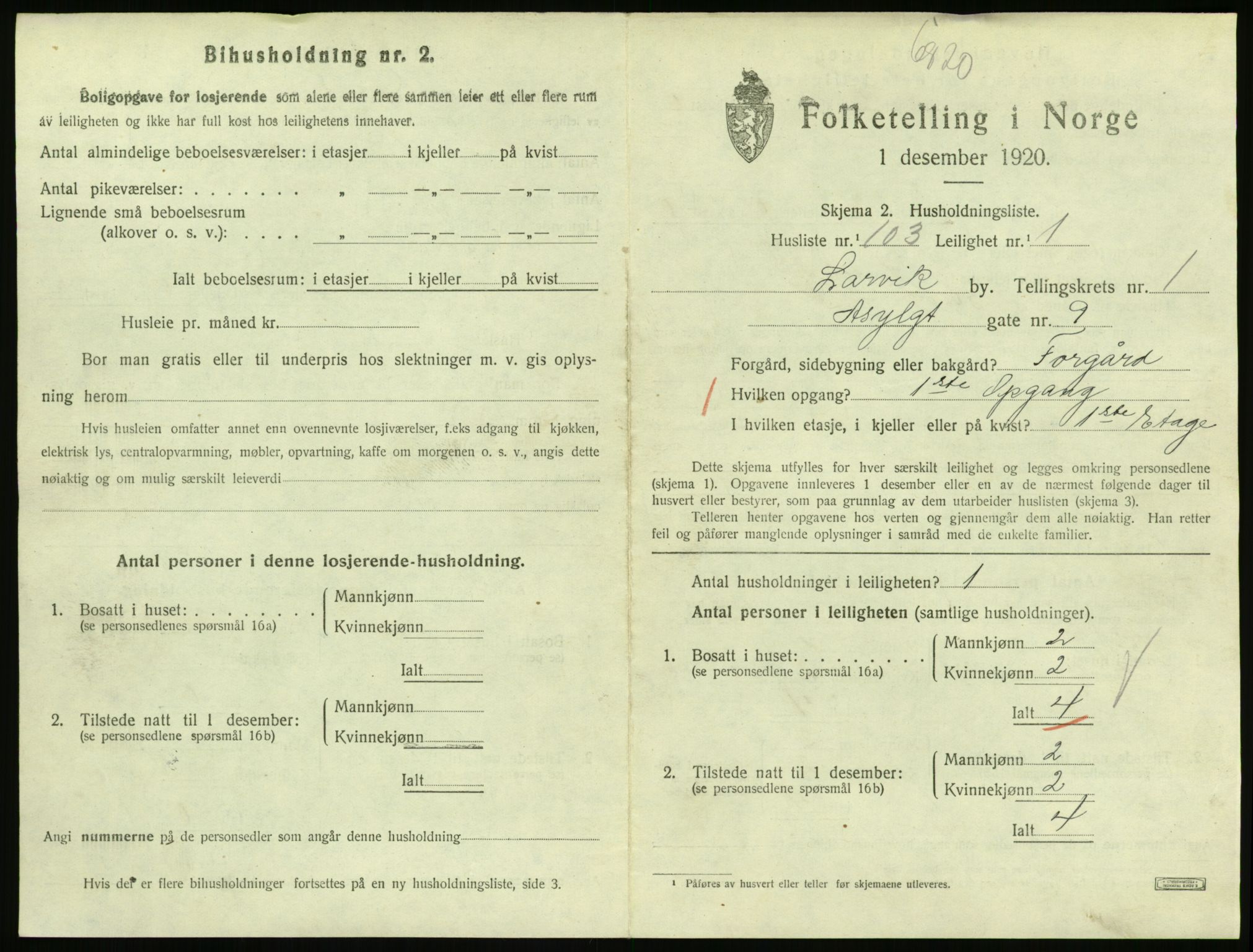 SAKO, 1920 census for Larvik, 1920, p. 3398