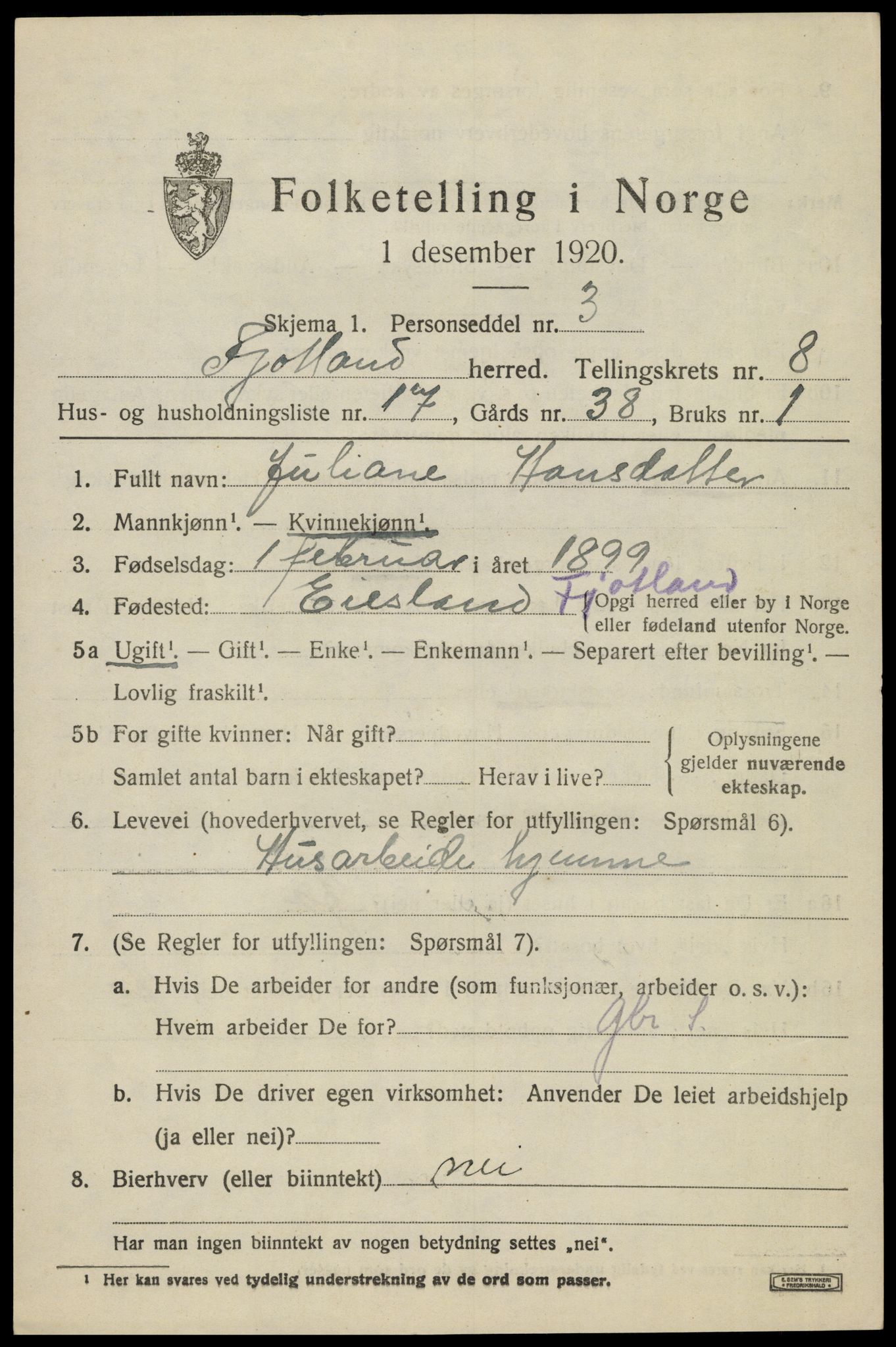 SAK, 1920 census for Fjotland, 1920, p. 2178