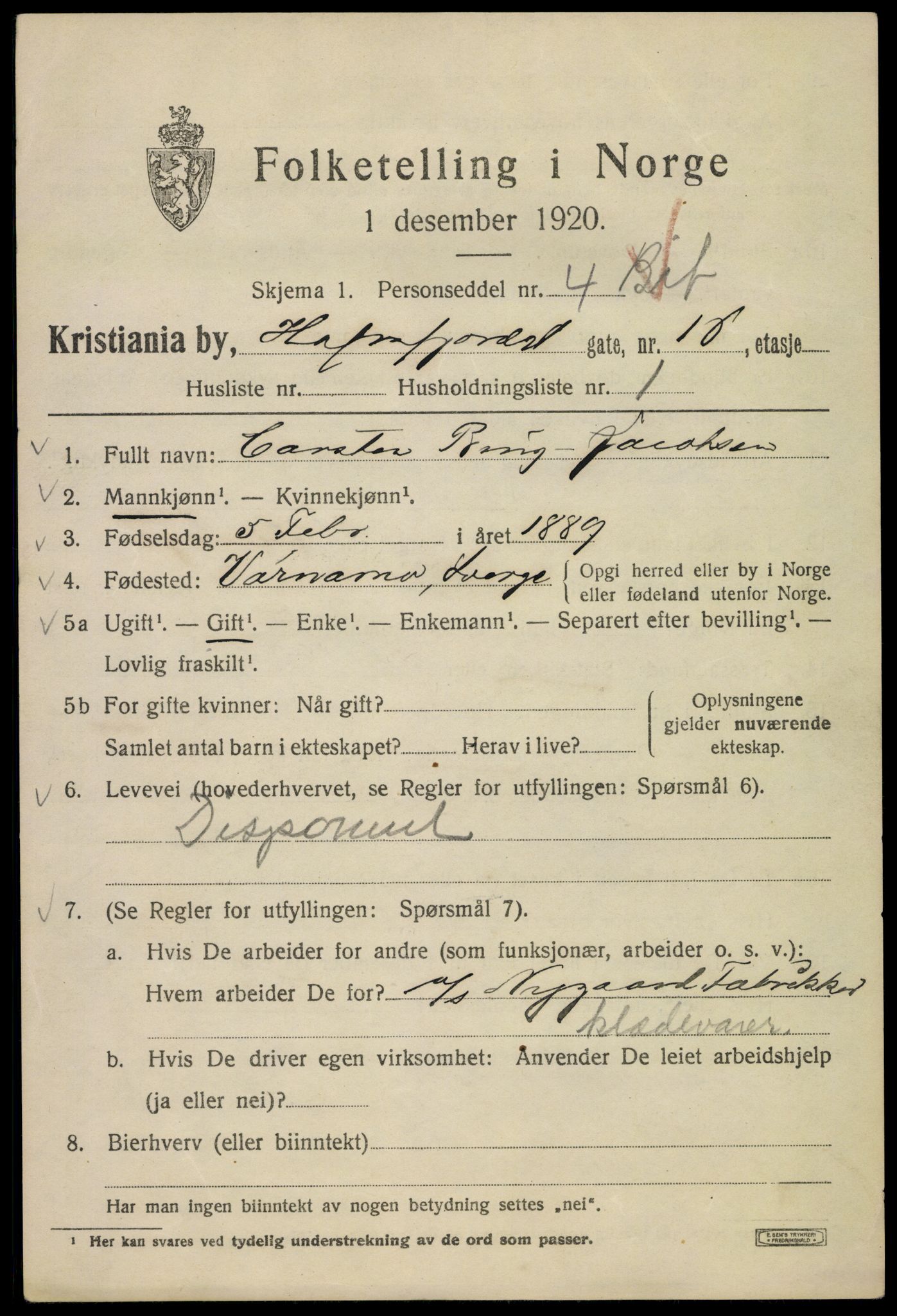 SAO, 1920 census for Kristiania, 1920, p. 266901