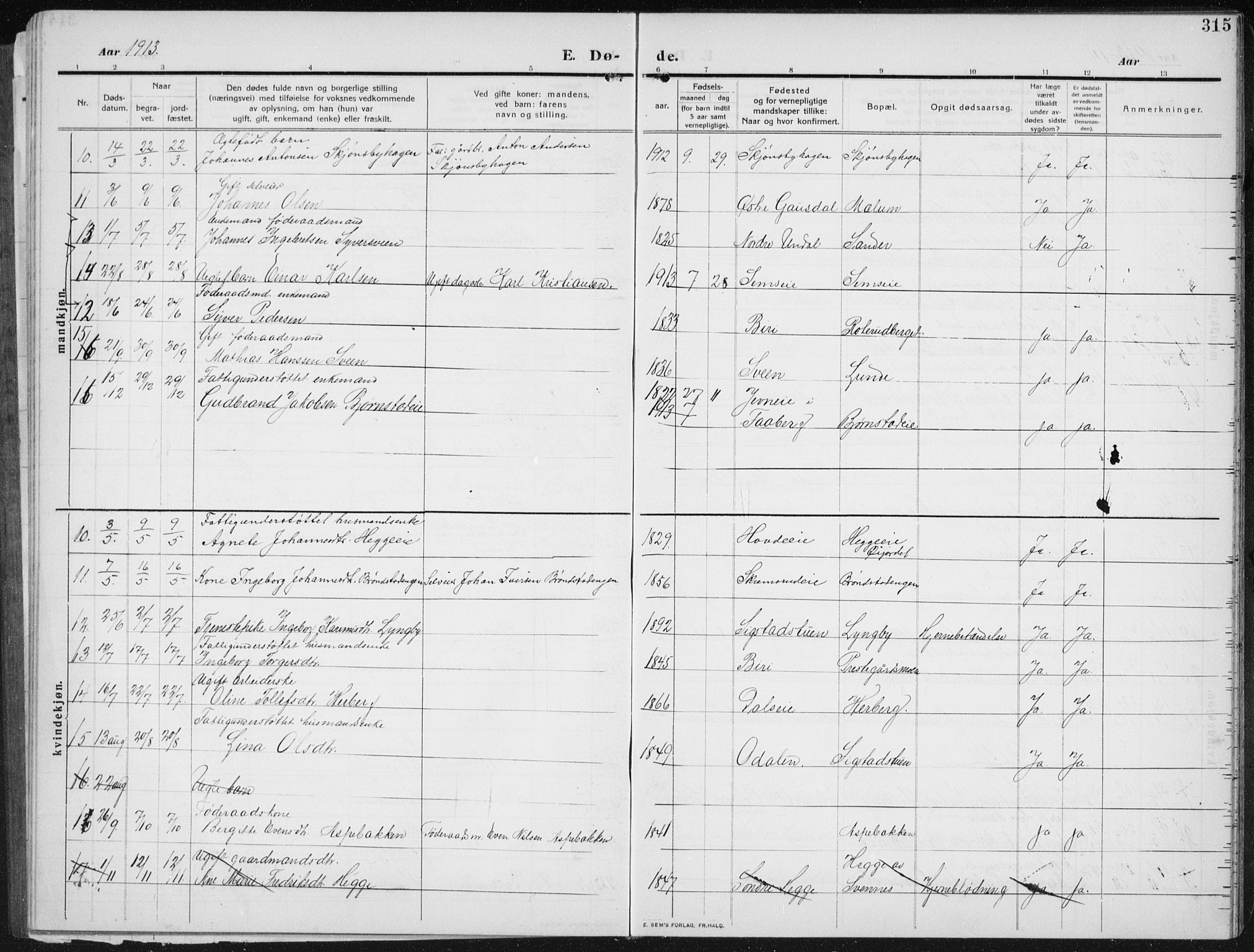 Biri prestekontor, SAH/PREST-096/H/Ha/Hab/L0006: Parish register (copy) no. 6, 1909-1938, p. 315