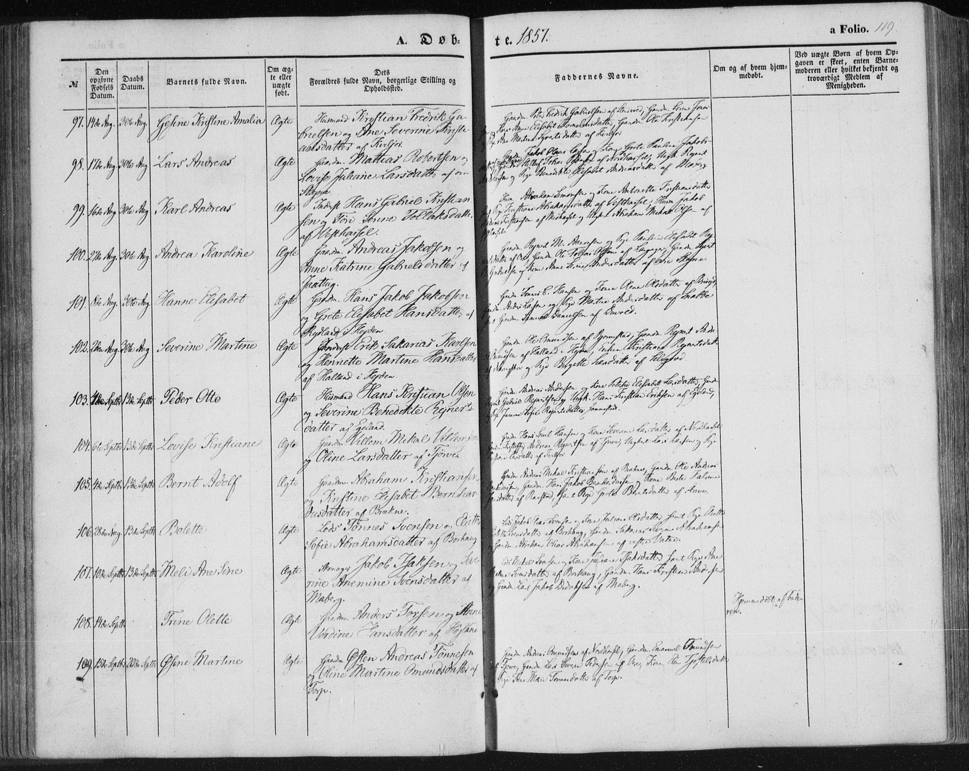 Lista sokneprestkontor, AV/SAK-1111-0027/F/Fa/L0010: Parish register (official) no. A 10, 1846-1861, p. 119