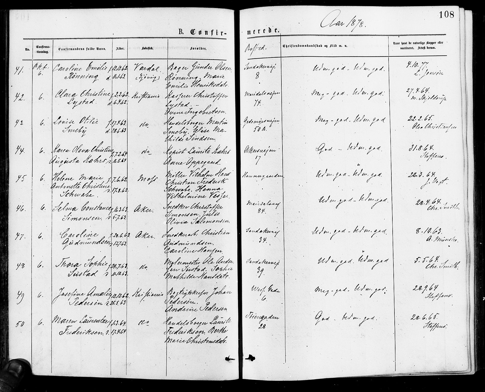 Gamle Aker prestekontor Kirkebøker, AV/SAO-A-10617a/F/L0005: Parish register (official) no. 5, 1873-1881, p. 108