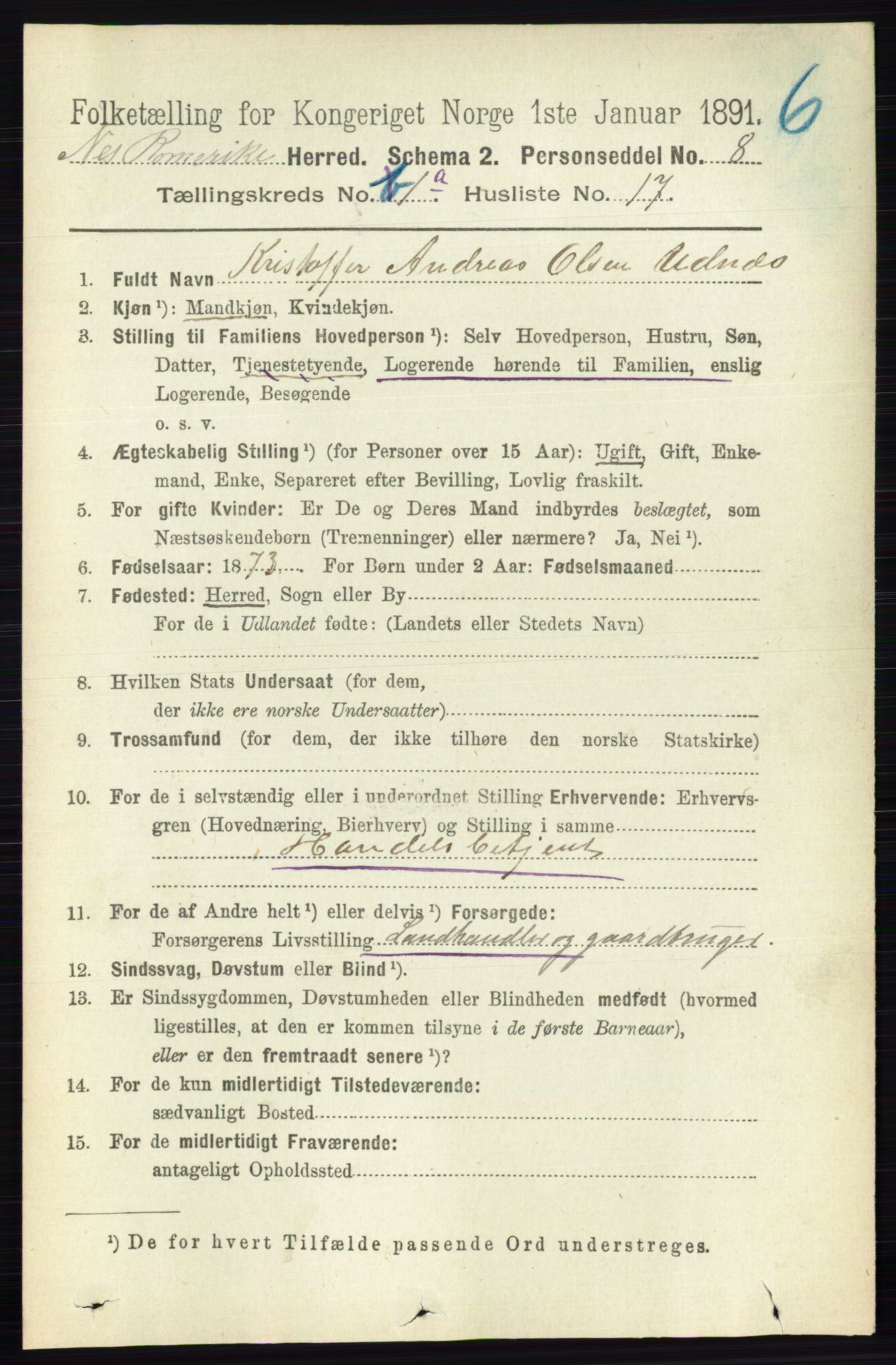 RA, 1891 census for 0236 Nes, 1891, p. 223