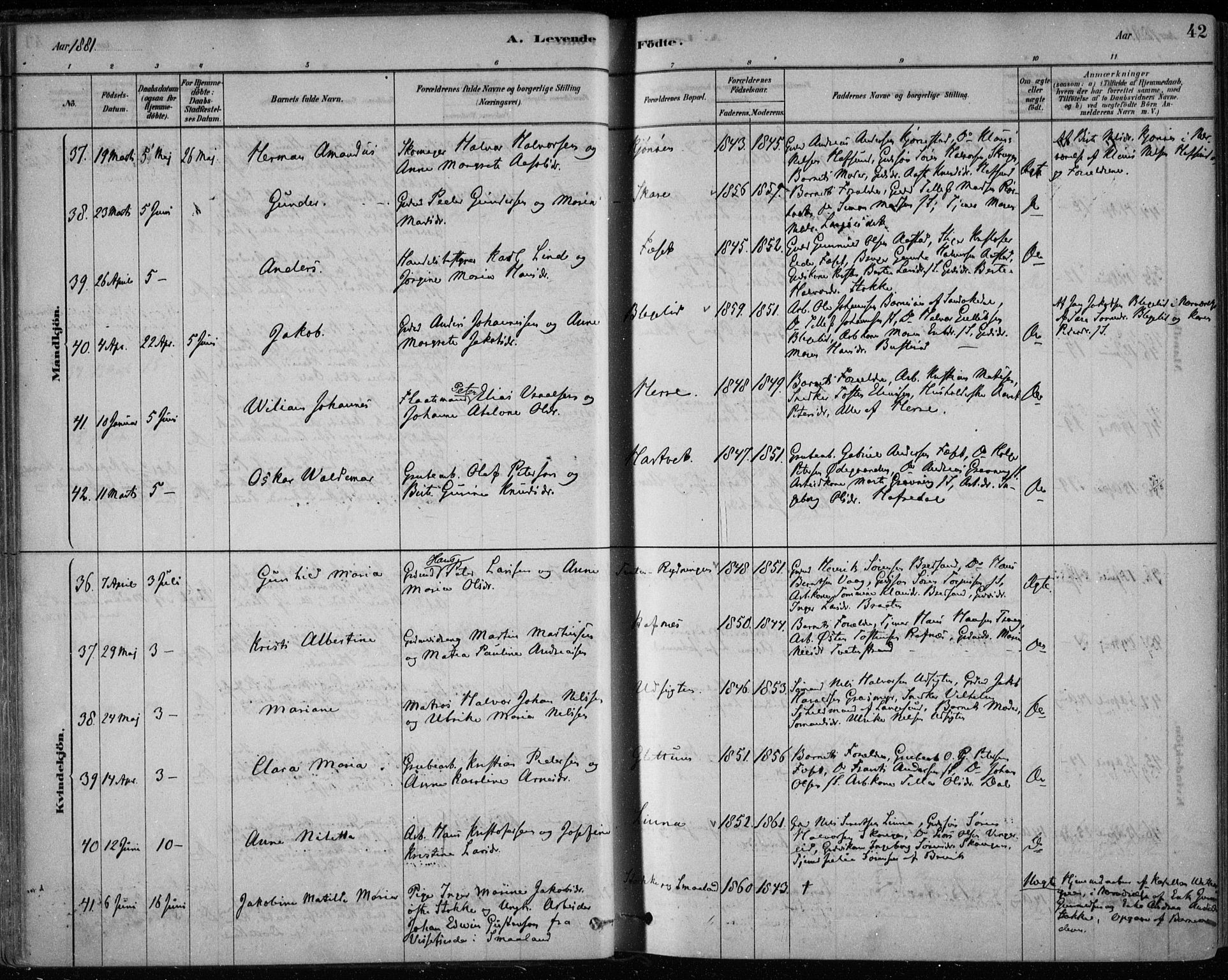 Bamble kirkebøker, AV/SAKO-A-253/F/Fa/L0007: Parish register (official) no. I 7, 1878-1888, p. 42