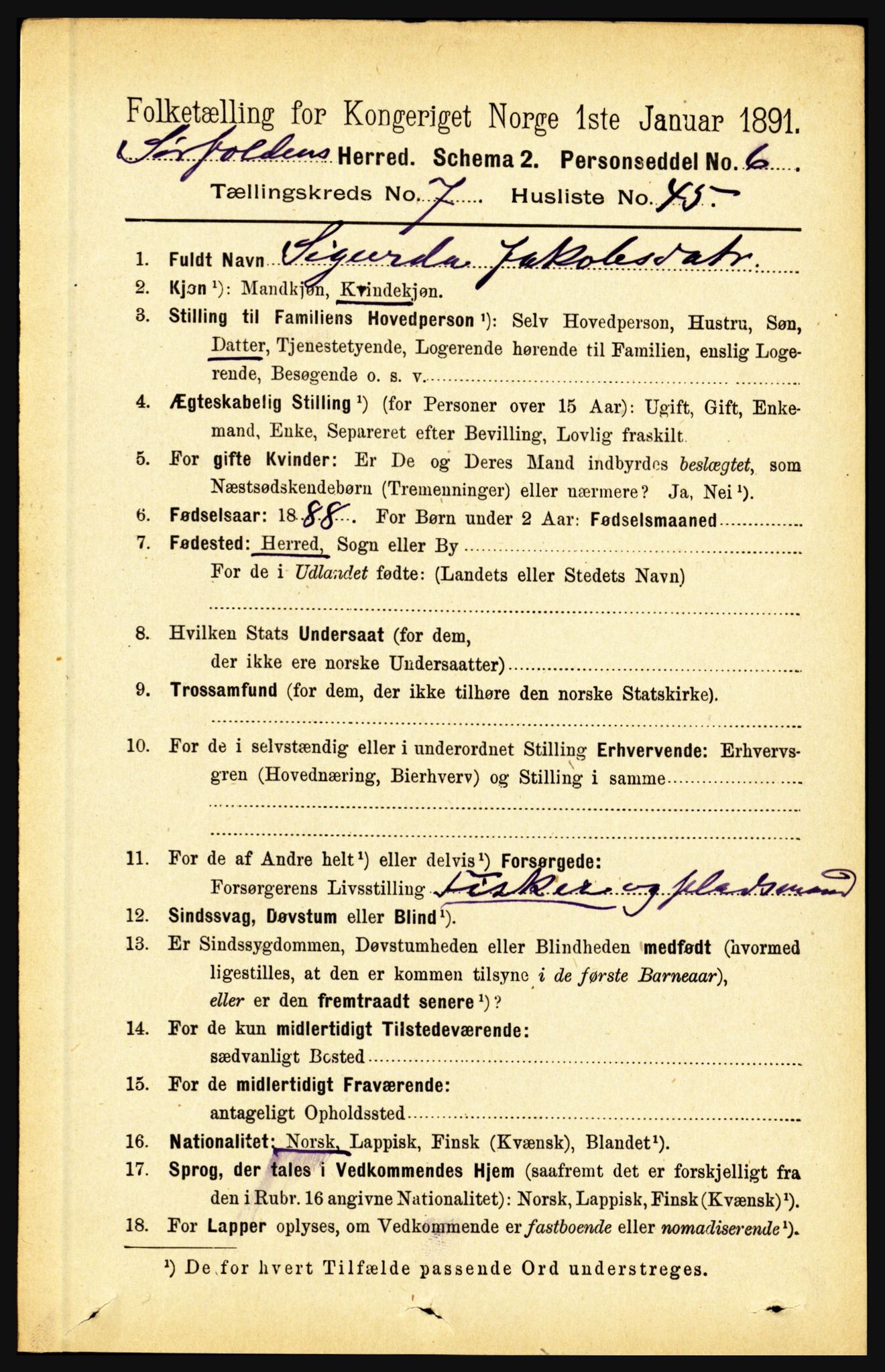 RA, 1891 census for 1845 Sørfold, 1891, p. 2516