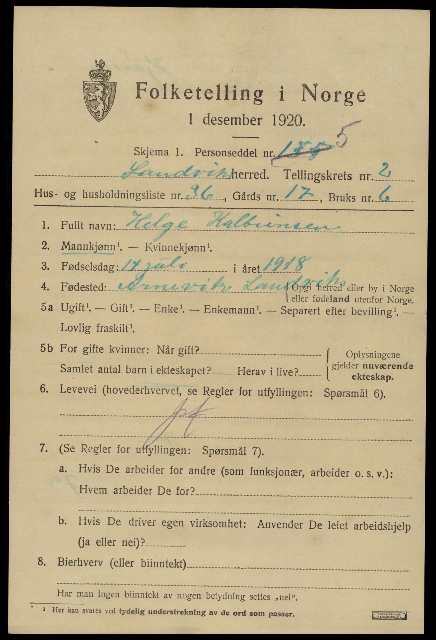 SAK, 1920 census for Landvik, 1920, p. 2076