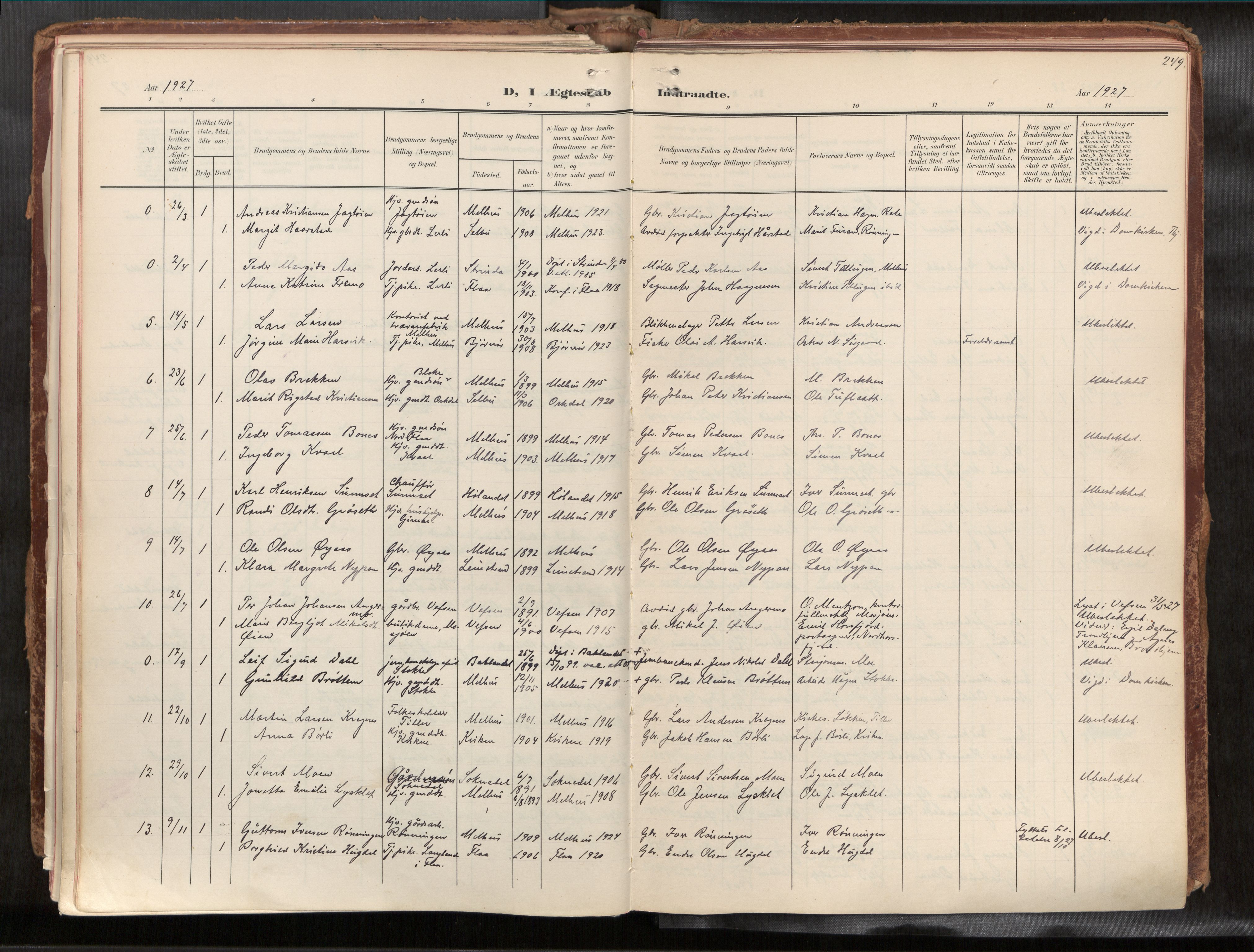 Ministerialprotokoller, klokkerbøker og fødselsregistre - Sør-Trøndelag, SAT/A-1456/691/L1085b: Parish register (official) no. 691A18, 1908-1930, p. 249