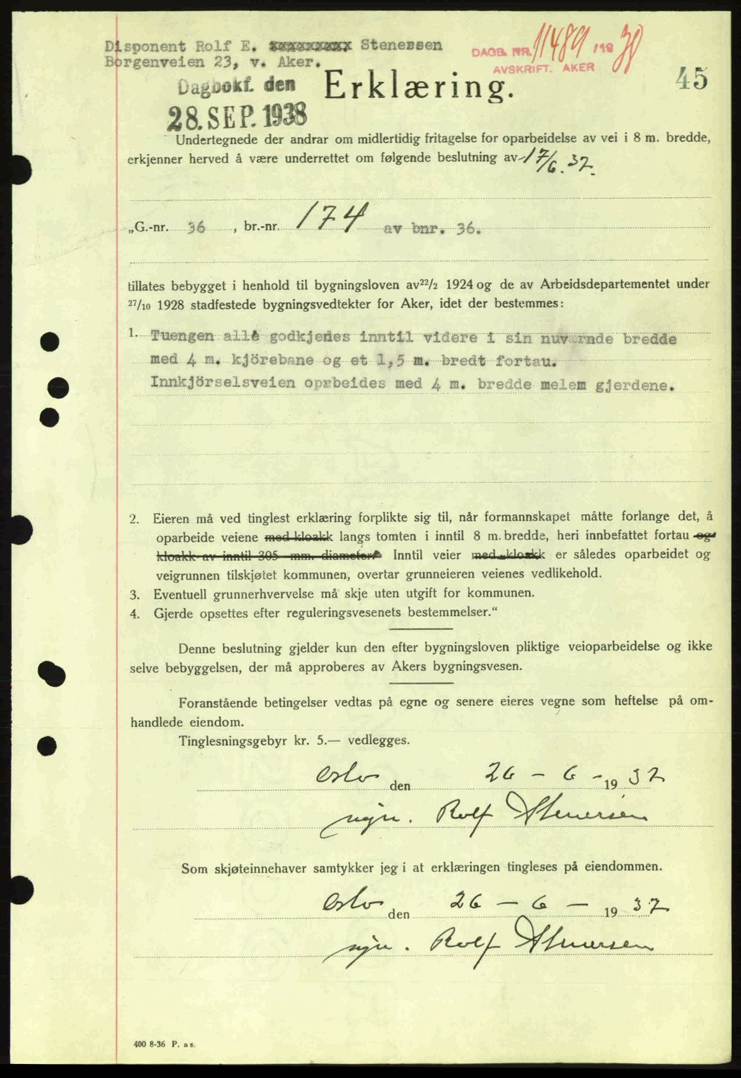 Aker herredsskriveri, SAO/A-10896/G/Gb/Gba/Gbab/L0025: Mortgage book no. A154-155, 1938-1938, Diary no: : 11489/1938