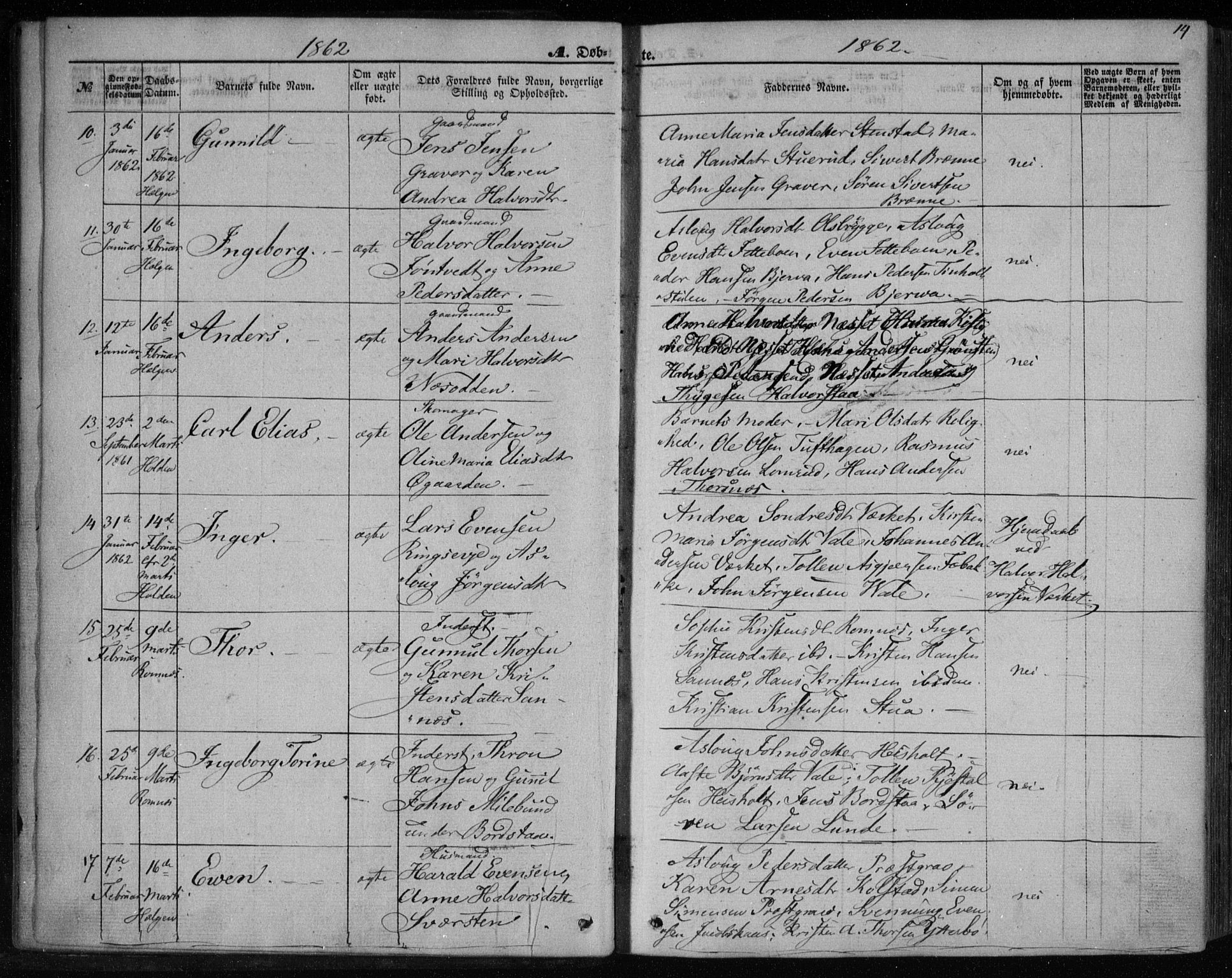 Holla kirkebøker, SAKO/A-272/F/Fa/L0006: Parish register (official) no. 6, 1861-1869, p. 14