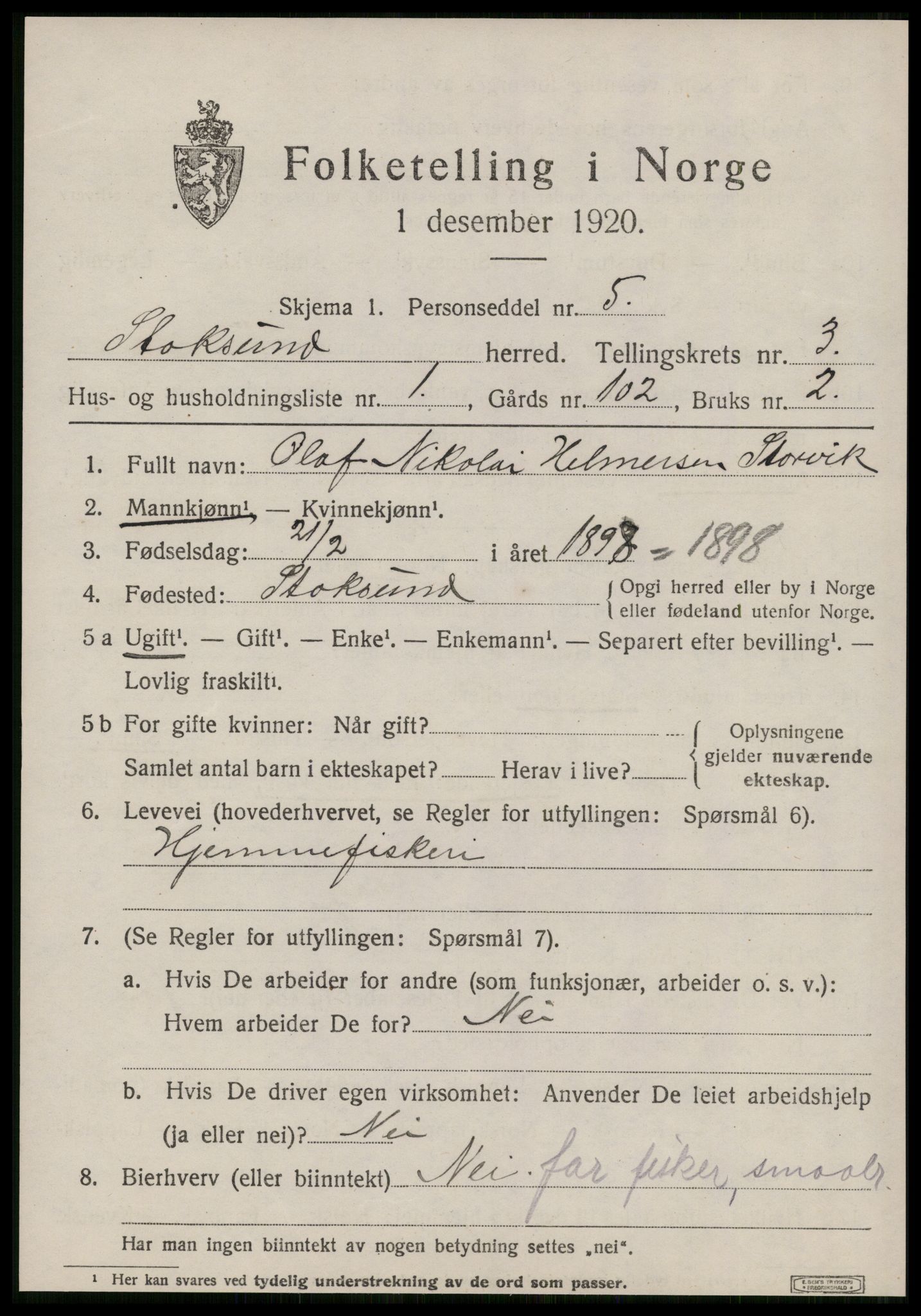 SAT, 1920 census for Stoksund, 1920, p. 1470