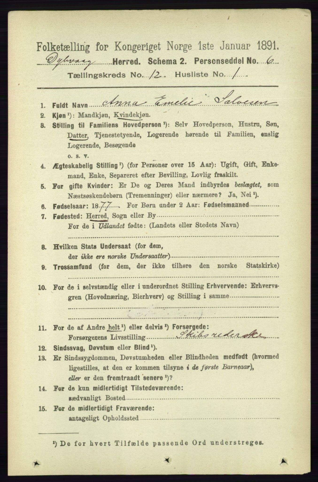 RA, 1891 census for 0915 Dypvåg, 1891, p. 4747