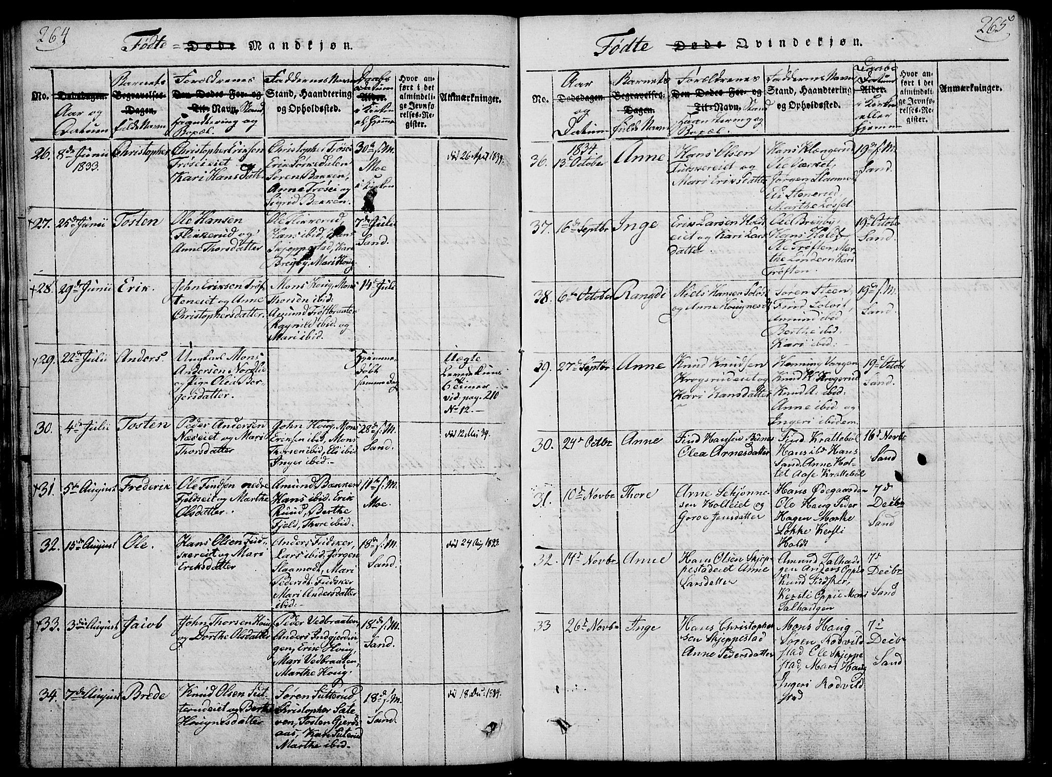 Nord-Odal prestekontor, AV/SAH-PREST-032/H/Ha/Haa/L0001: Parish register (official) no. 1, 1819-1838, p. 264-265