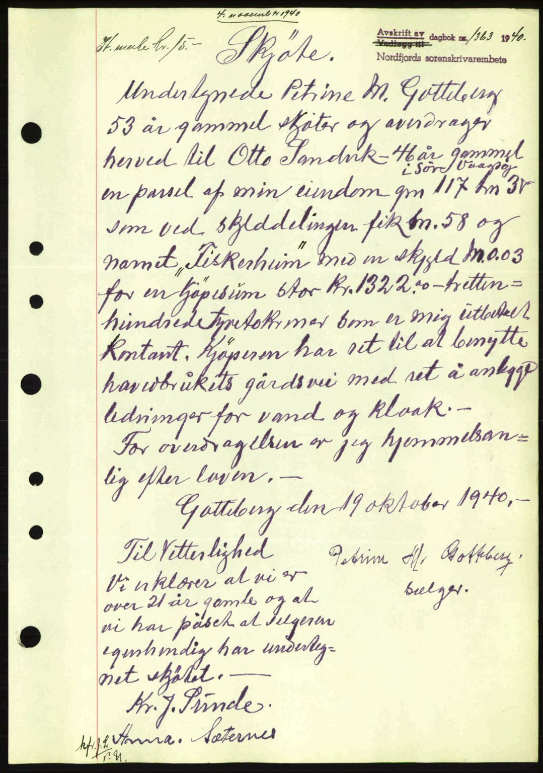 Nordfjord sorenskriveri, AV/SAB-A-2801/02/02b/02bj/L0006: Mortgage book no. A6, 1940-1941, Diary no: : 1363/1940