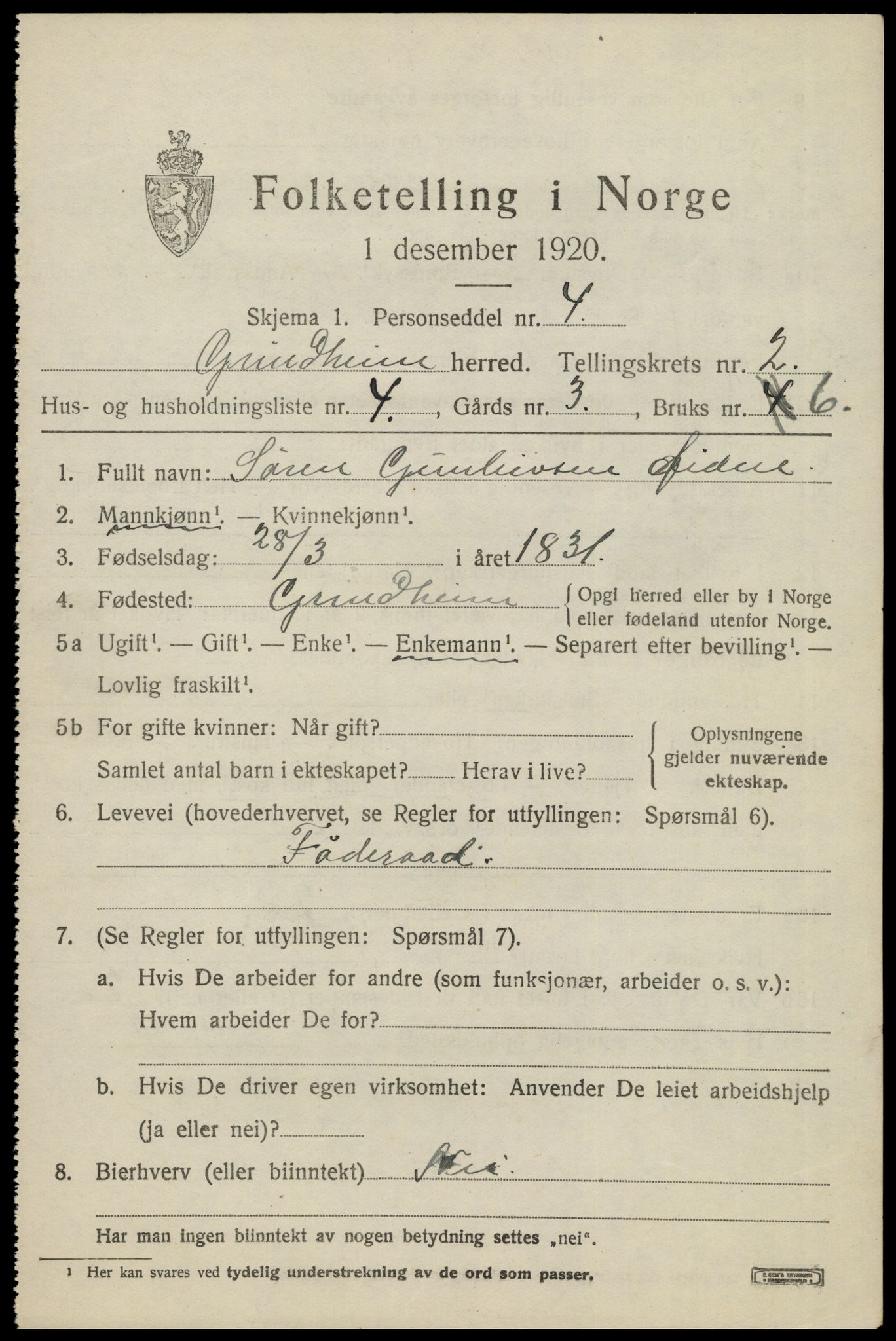SAK, 1920 census for Grindheim, 1920, p. 591
