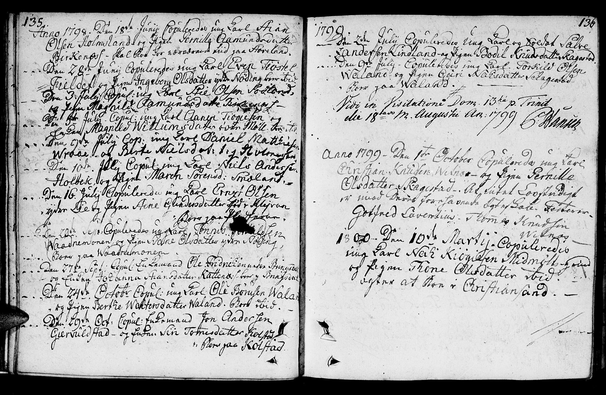 Holum sokneprestkontor, SAK/1111-0022/F/Fa/Faa/L0003: Parish register (official) no. A 3, 1780-1821, p. 135-136
