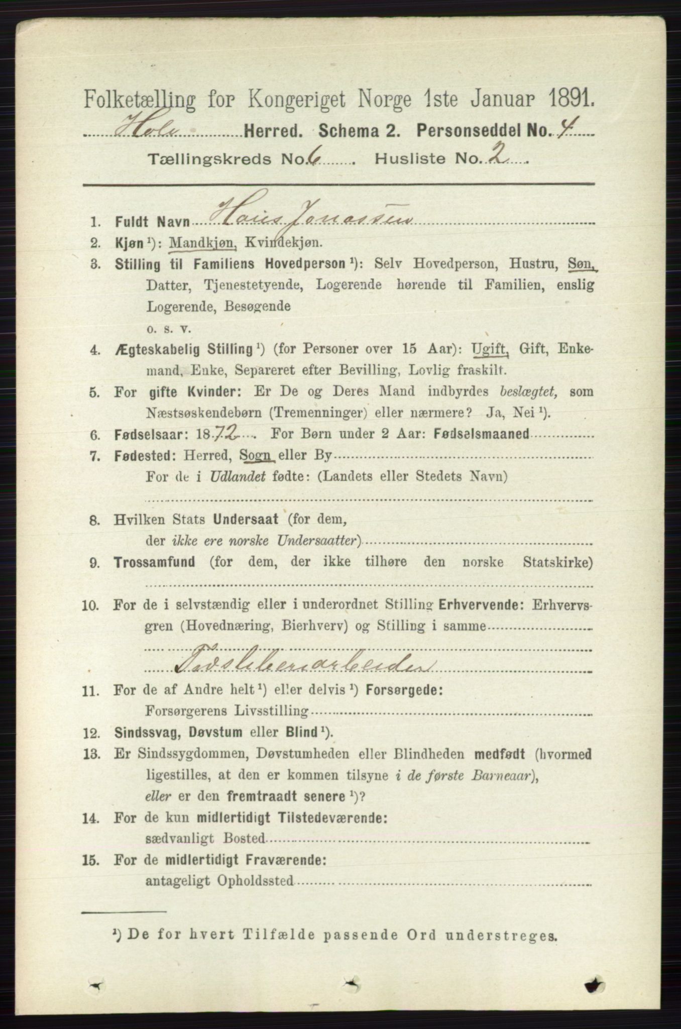 RA, 1891 census for 0612 Hole, 1891, p. 3114