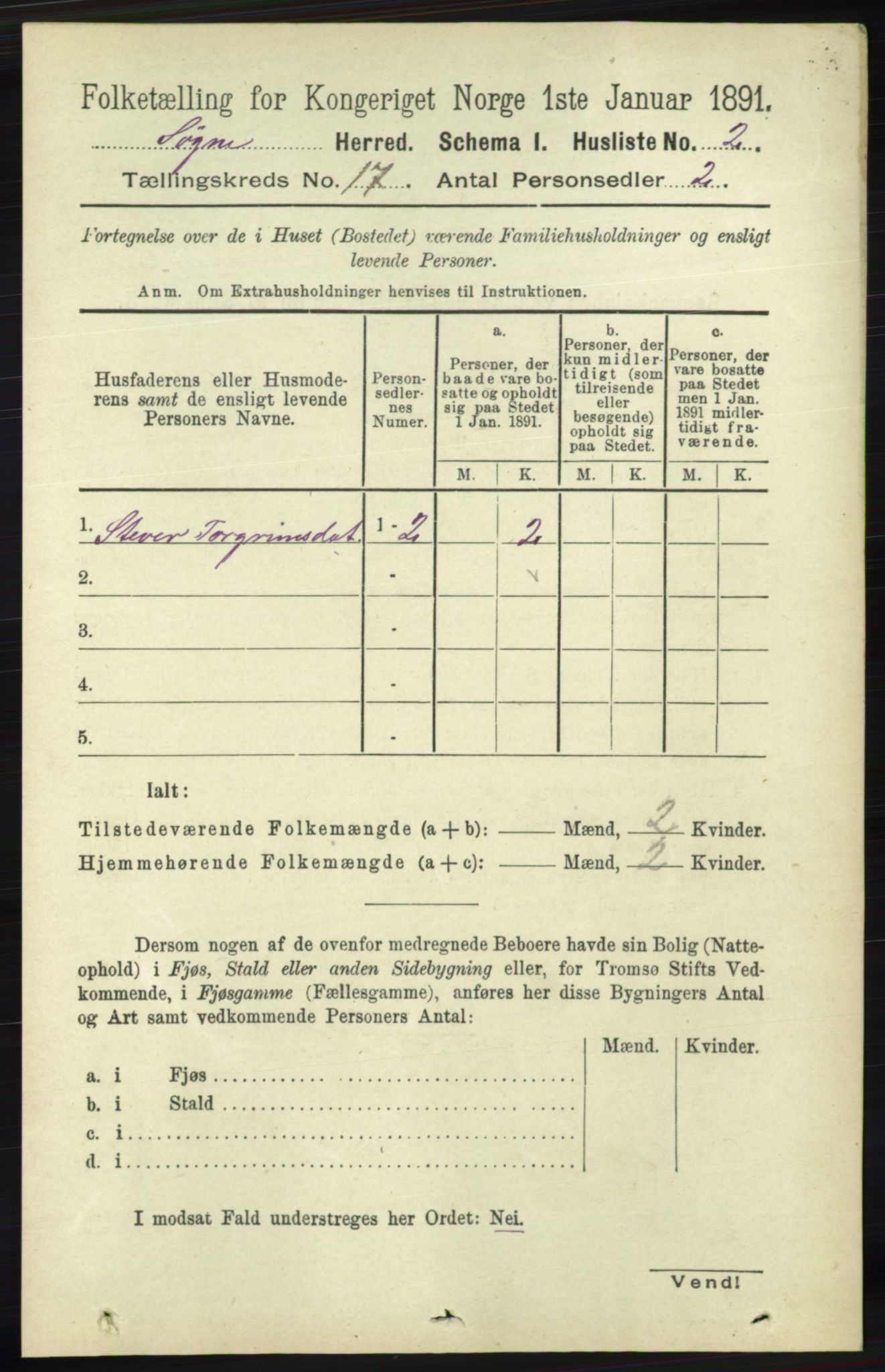 RA, 1891 census for 1018 Søgne, 1891, p. 4468