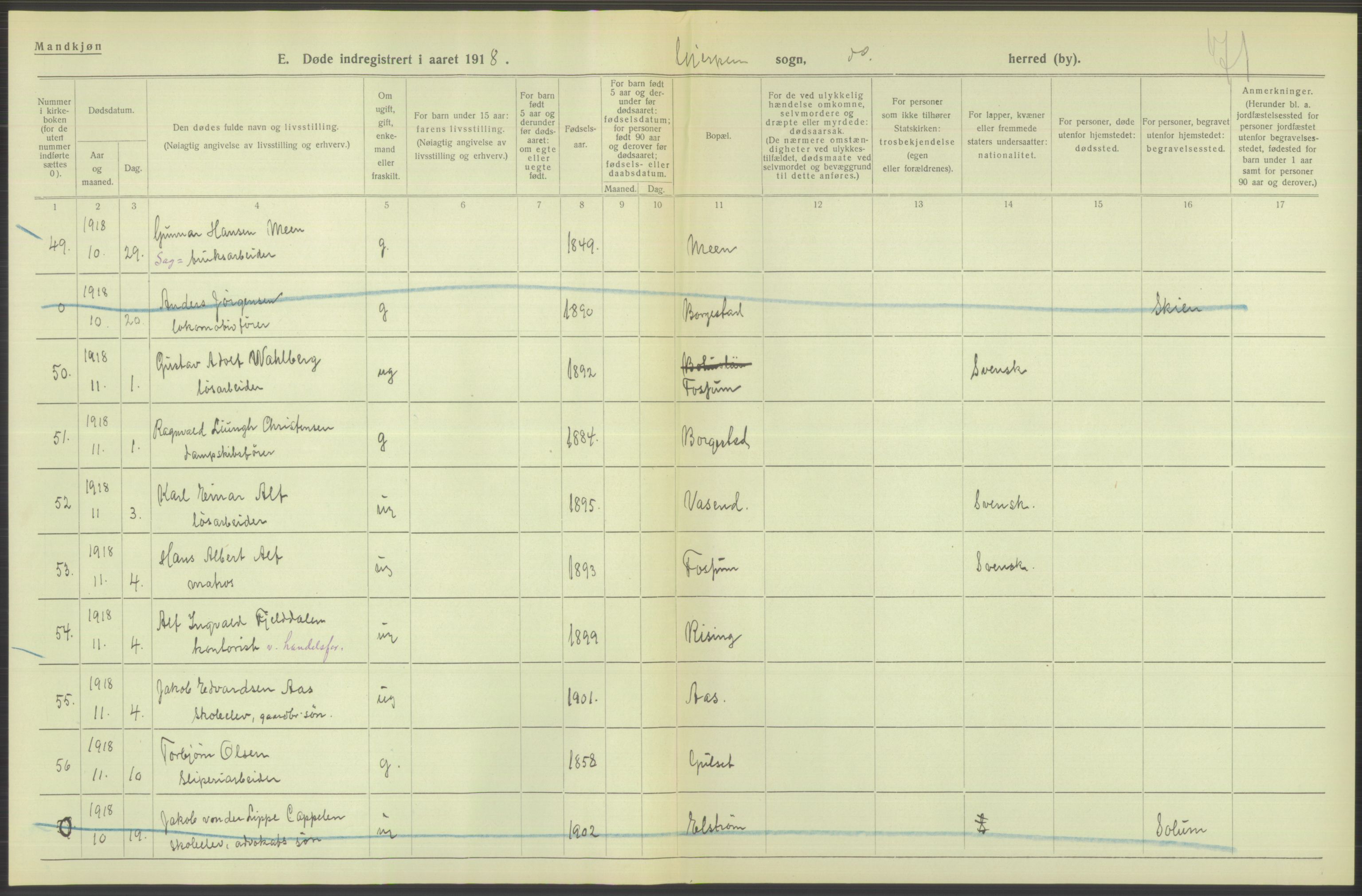 Statistisk sentralbyrå, Sosiodemografiske emner, Befolkning, AV/RA-S-2228/D/Df/Dfb/Dfbh/L0026: Telemark fylke: Døde. Bygder og byer., 1918, p. 386