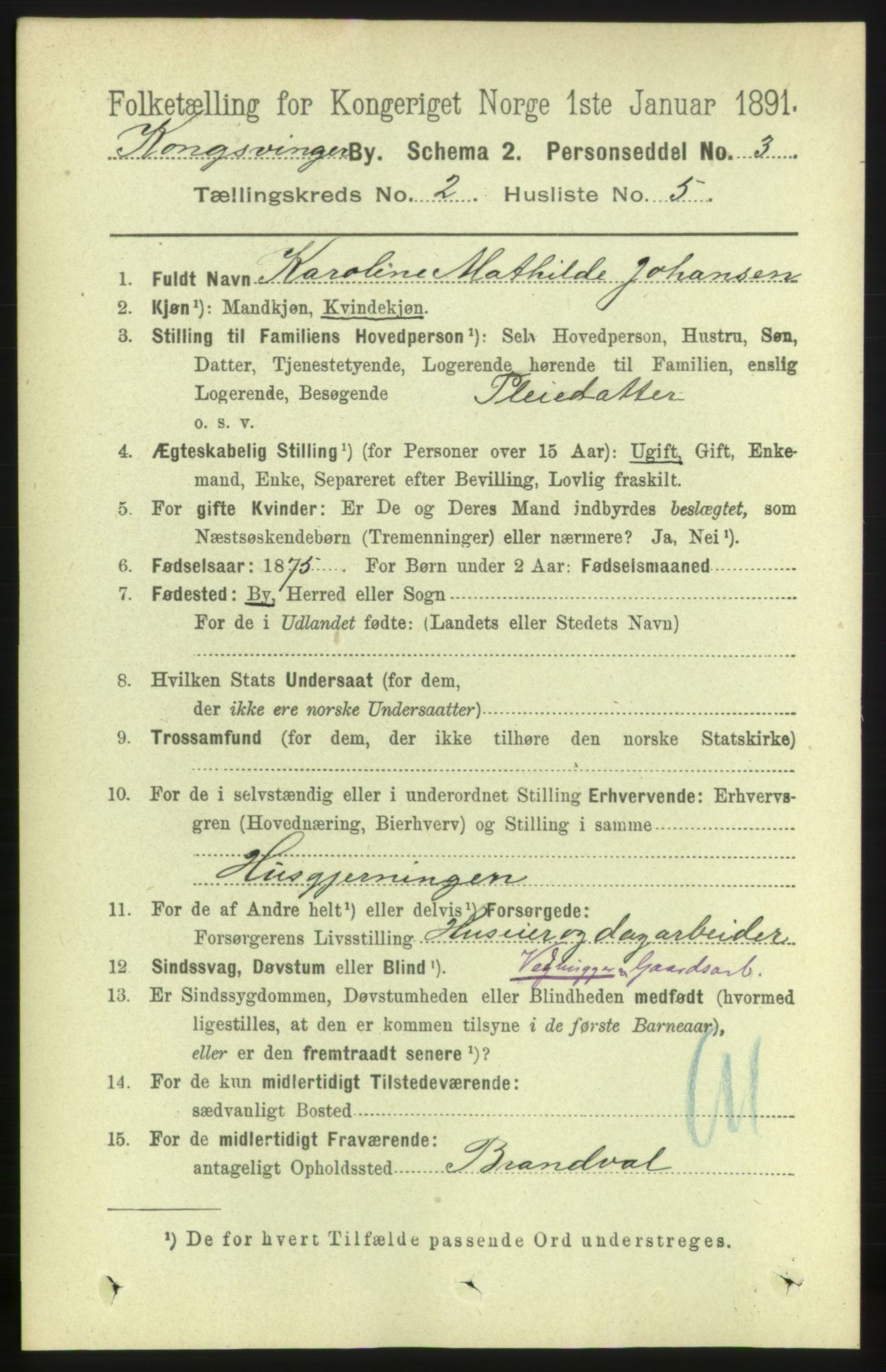 RA, 1891 census for 0402 Kongsvinger, 1891, p. 825