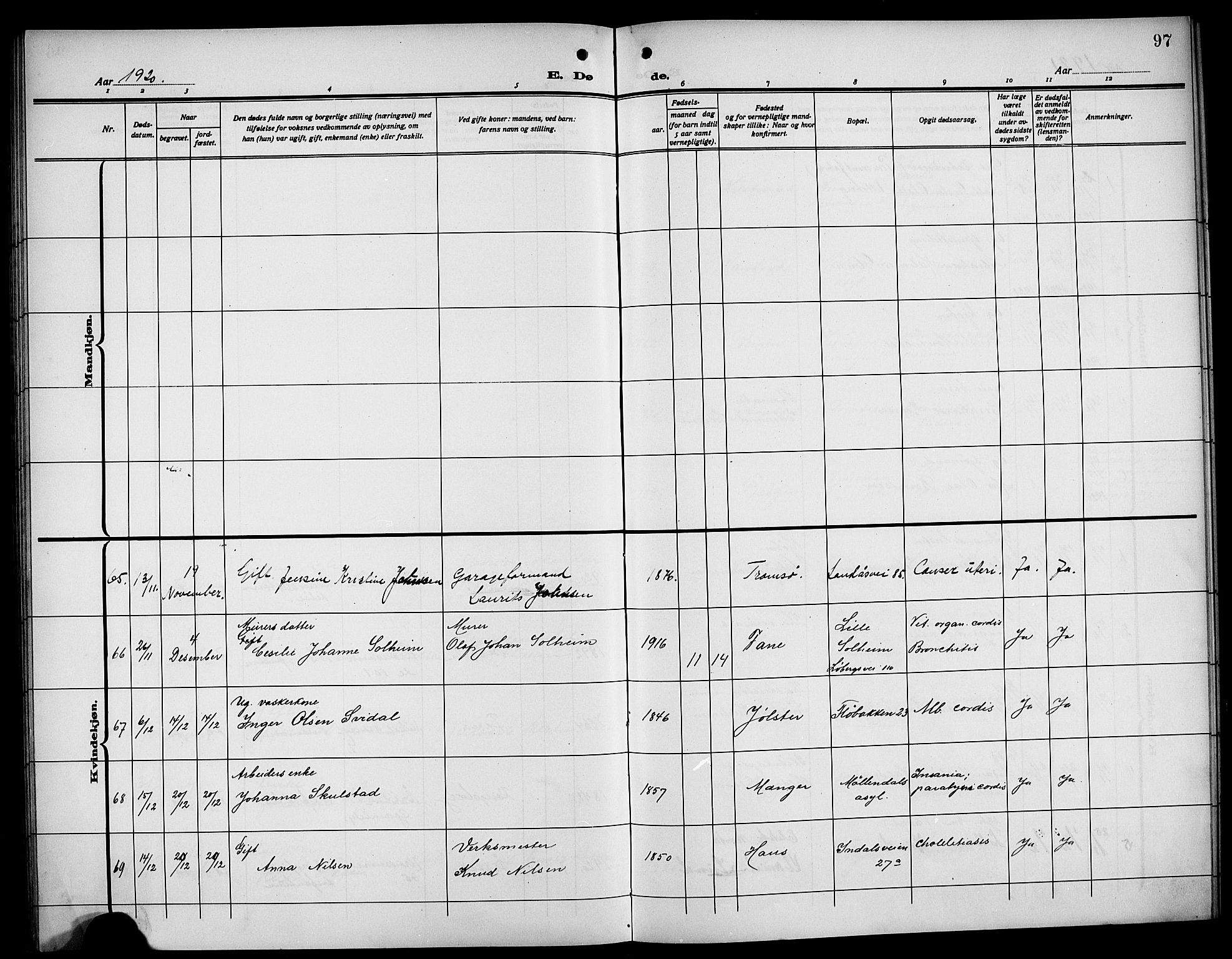 Årstad Sokneprestembete, AV/SAB-A-79301/H/Hab/L0024: Parish register (copy) no. D 1, 1915-1922, p. 97