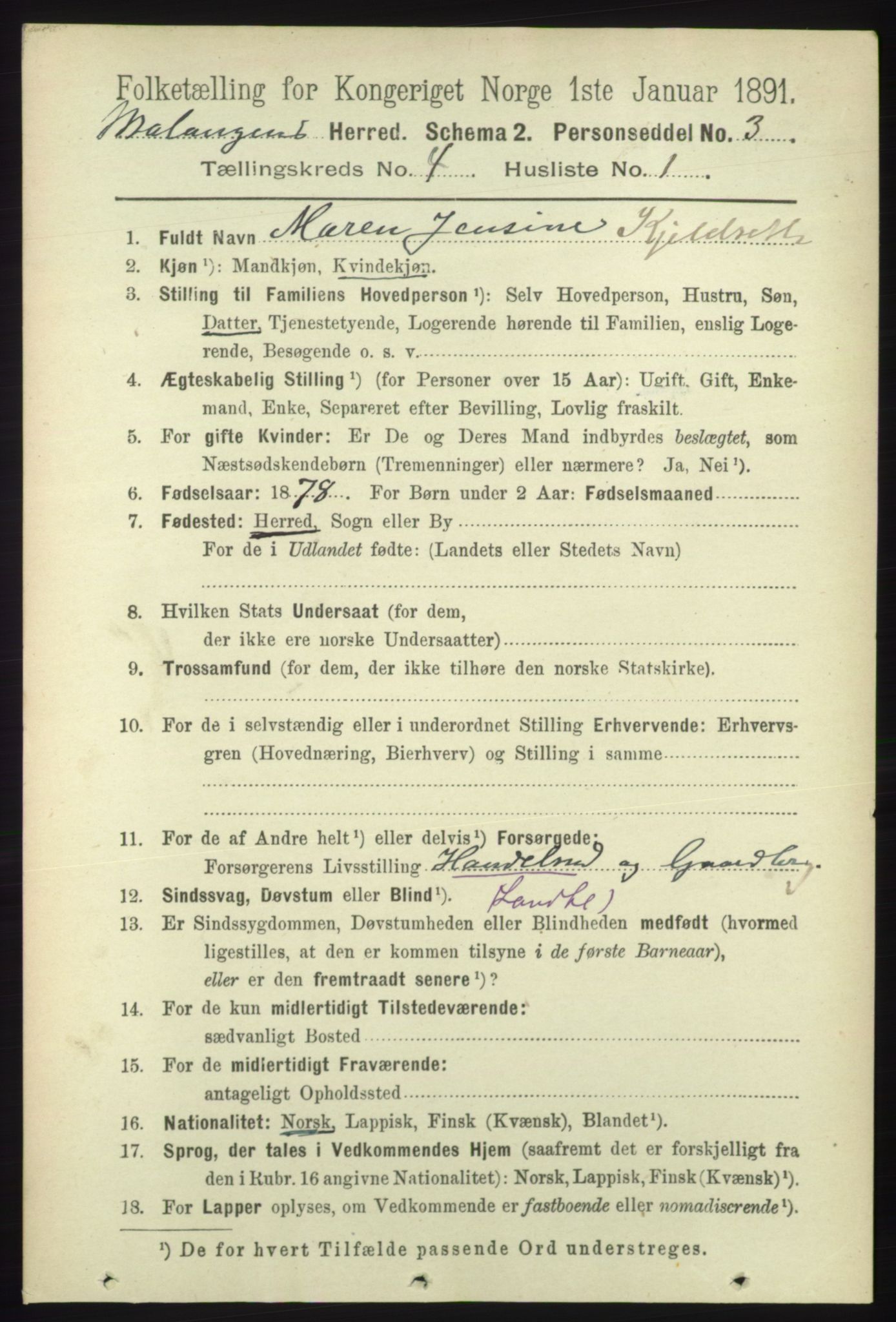 RA, 1891 census for 1932 Malangen, 1891, p. 1096